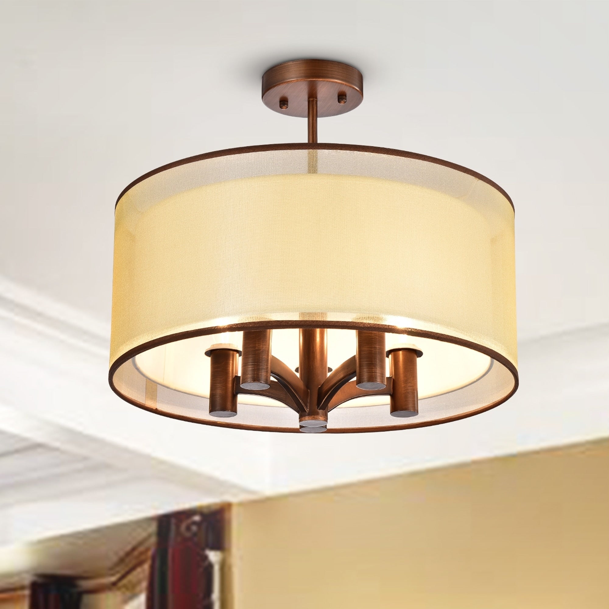 Perser 5 Light Copper Semi Flush Mount With Fabric Shade