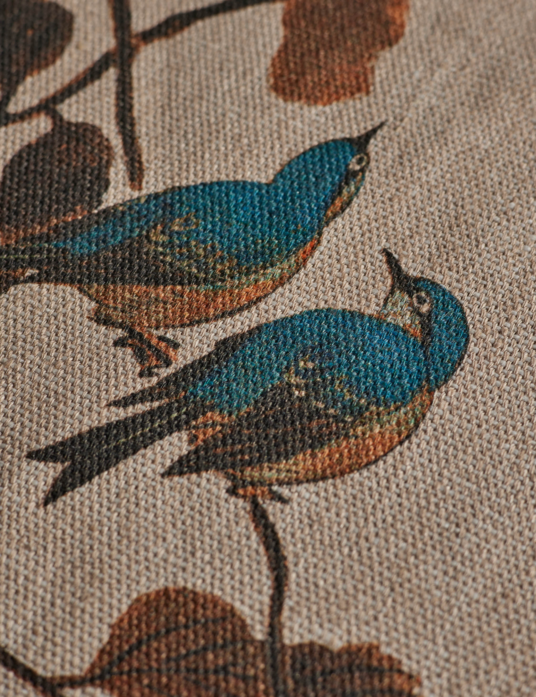 Persimmon Birds Flax Linen Fabric Swatch by Nathan Turner, Washed Sienna