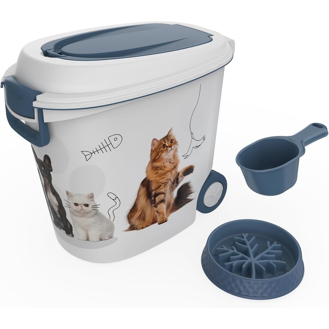 Pet Food Storage Container With Wheels Resin Dog Food Scoop Slow Feed Bowl Waterproof And Moisture Proof Blue
