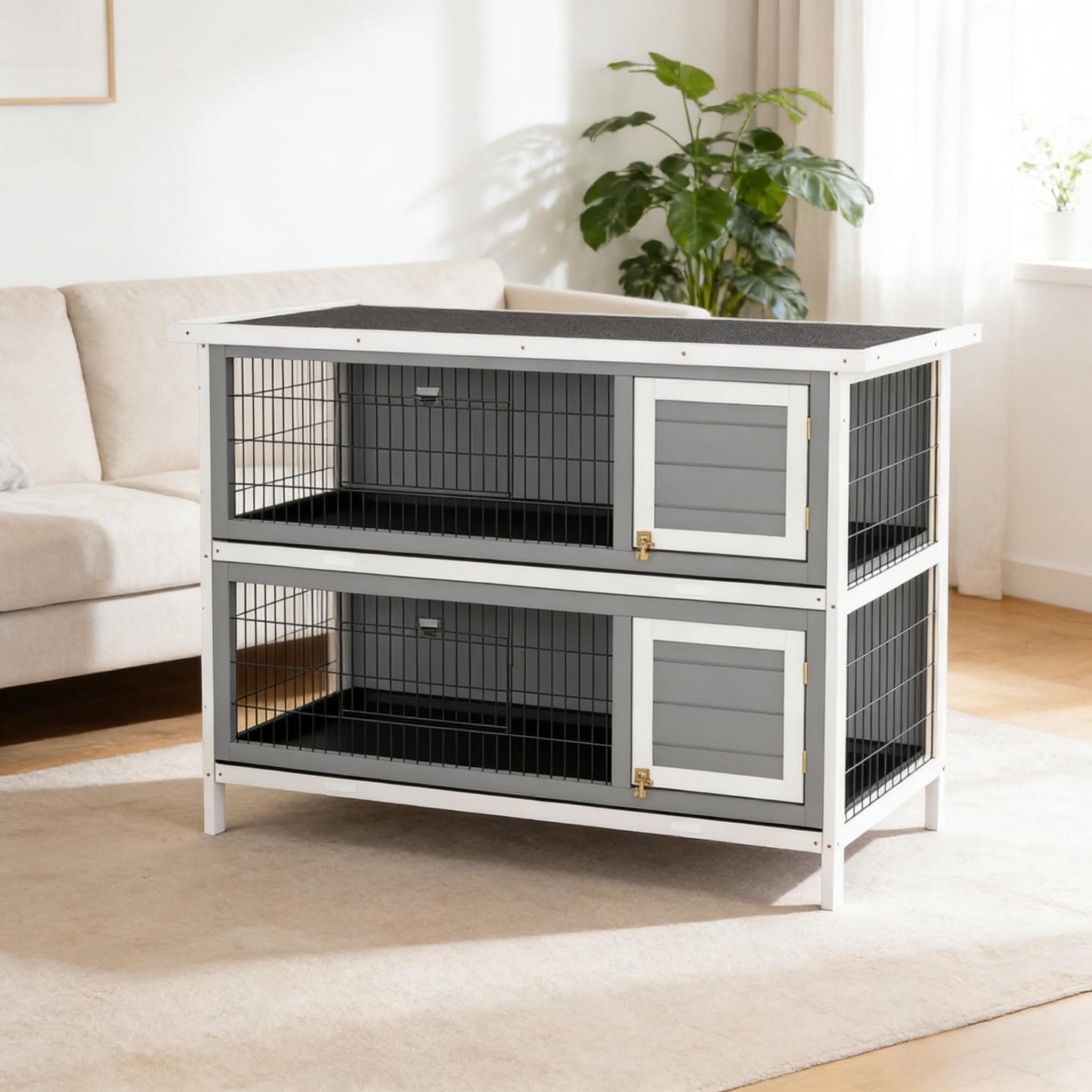 Pet House 2 Story Large Rabbit Hutch Is Designed For Convenient Cleaning Dark Grey