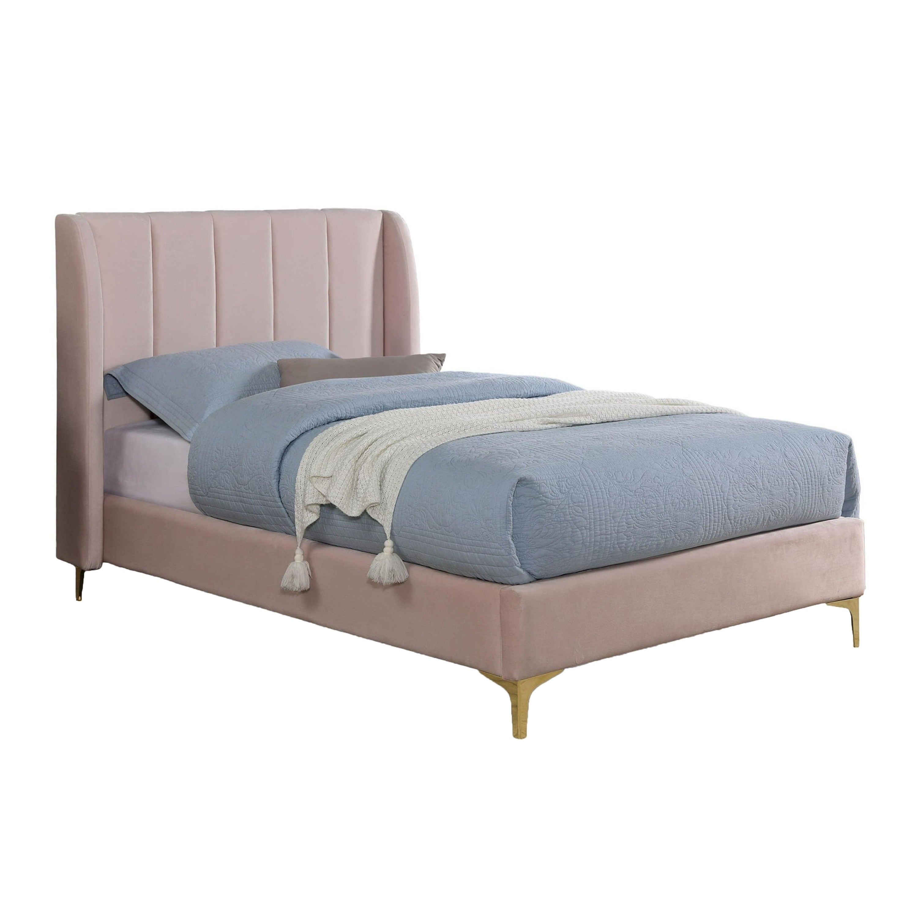 Pevy Queen Size Bed Tufted Wingback In Light Pink Velvetlike Upholstery