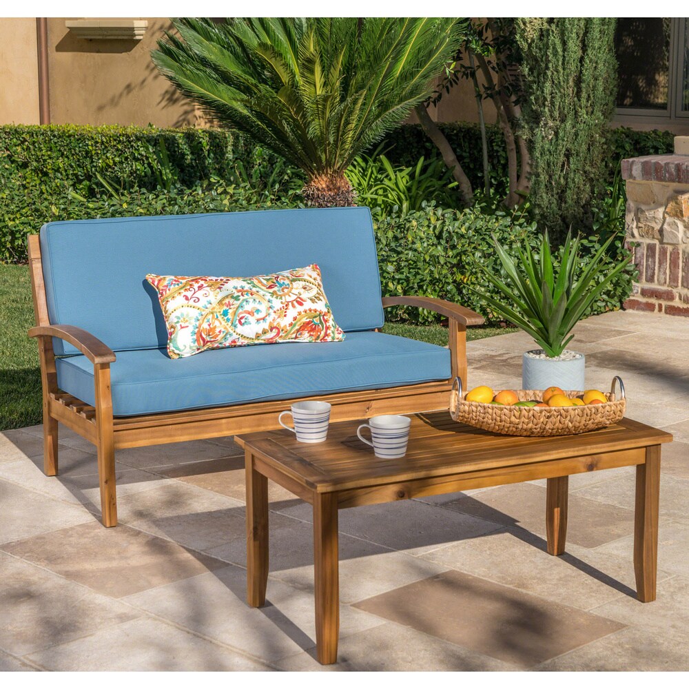 Peyton Outdoor 2 Piece Acacia Wood Loveseat And Coffee Table Set By Christopher Knight Home