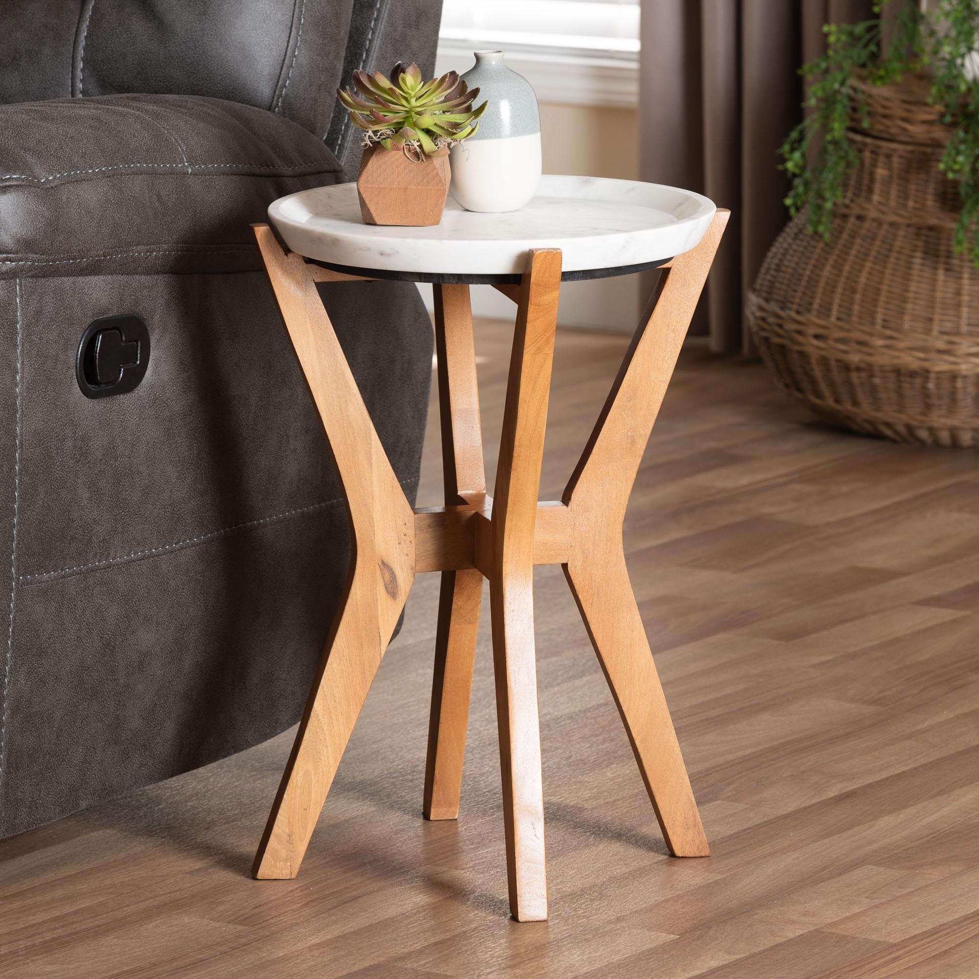 Phaedra Round Marble End Table Modern Accent Table With Mango Wood Frame And Tray Tabletop For Living Room Or Seating Area