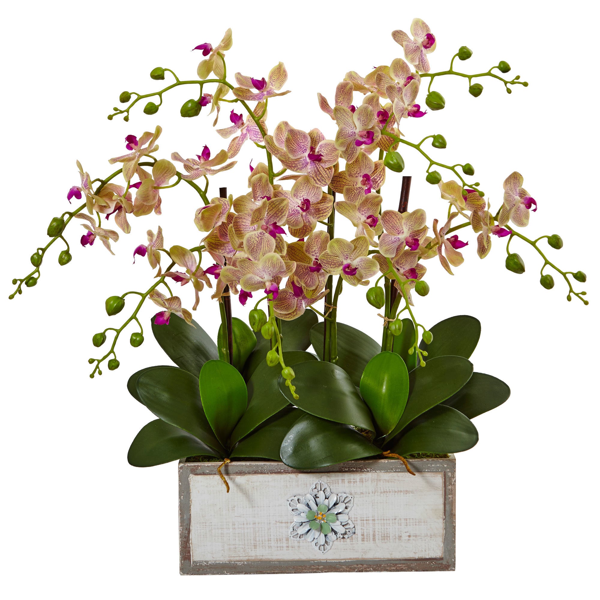 Nearly Natural Phalaenopsis Orchid Arrangement In Decorative Wood Vase