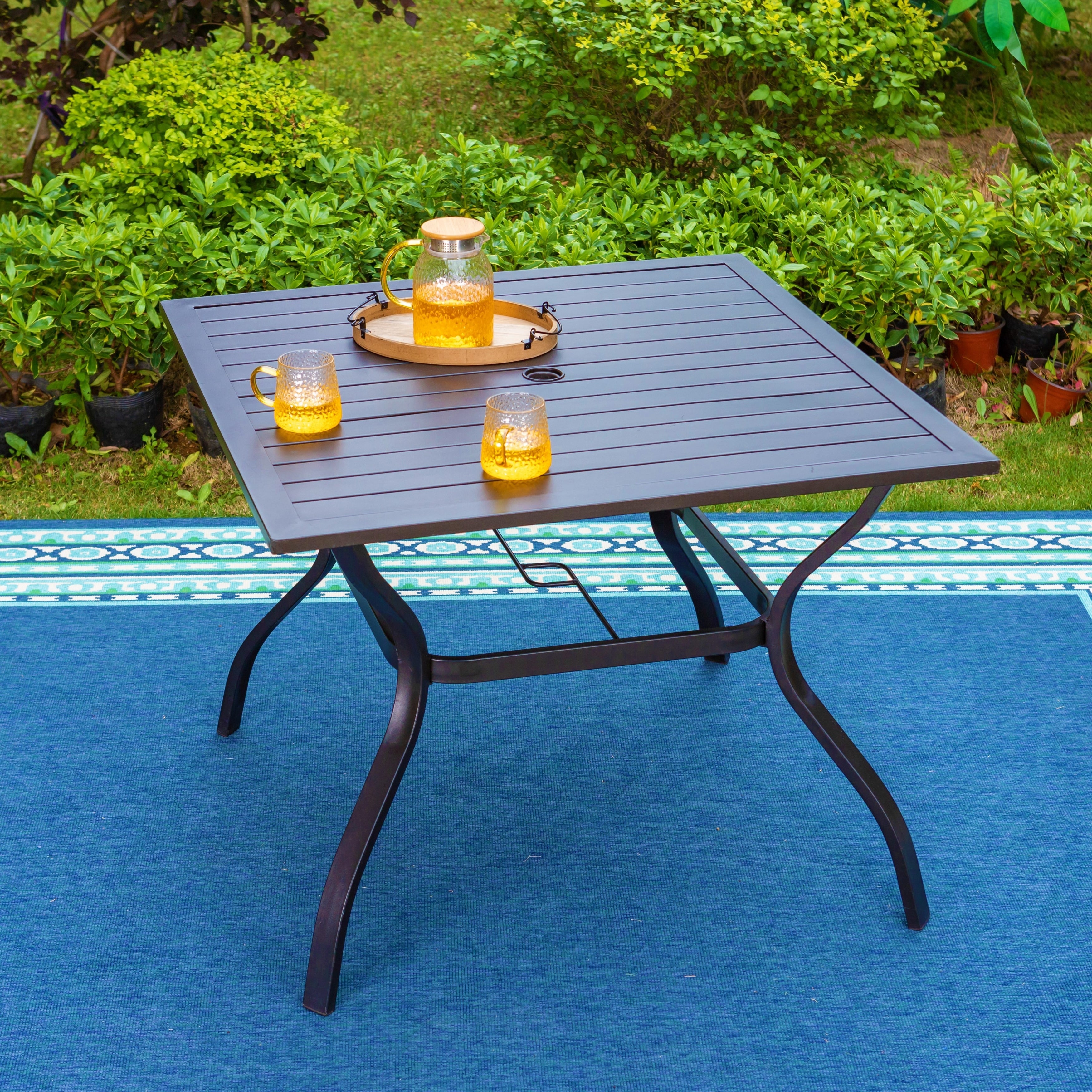 Phi Villa37 Metal Steel Slat Patio Dining Table 1.57 Umbrella Hole Black