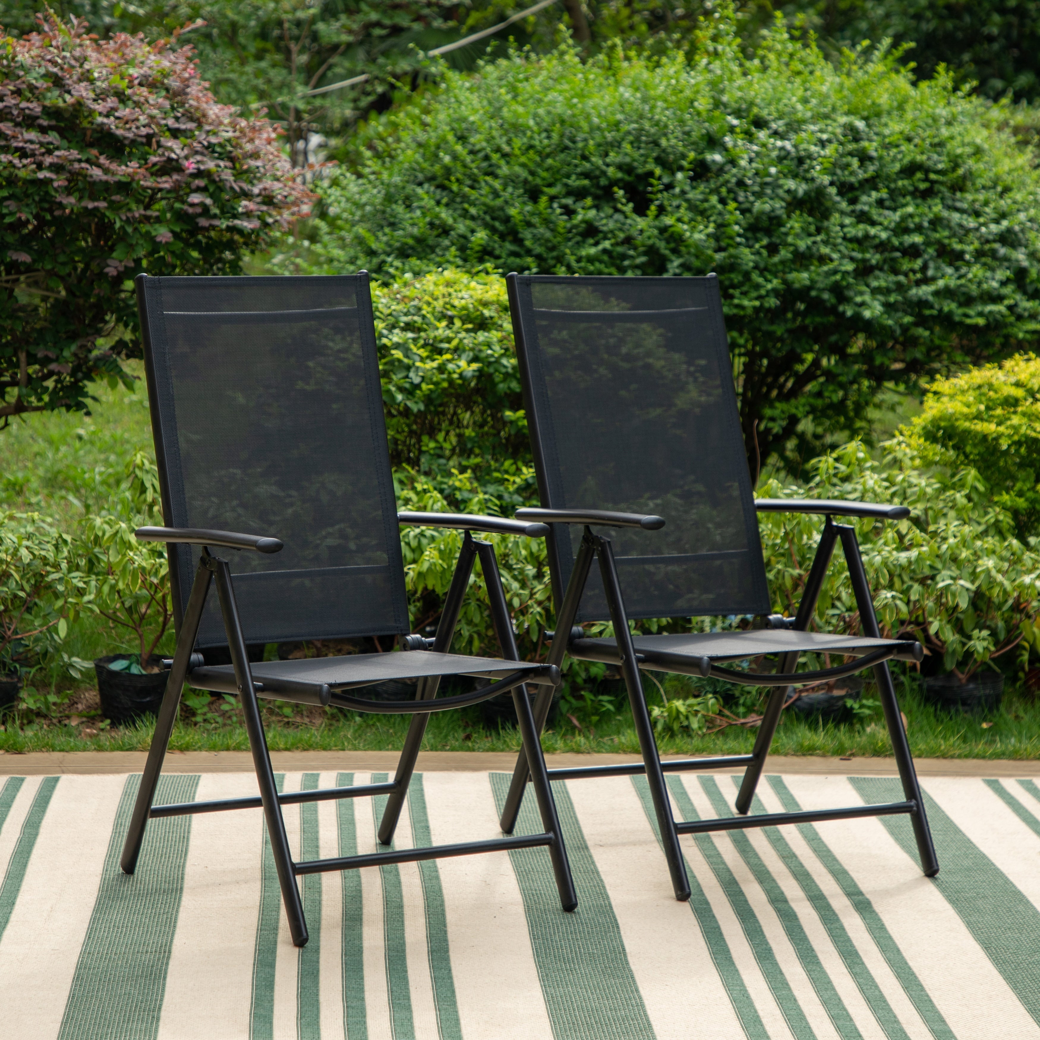 Phi Villa Patio Black Dining Set With 7 Positon Reclining Folding Sling Chair