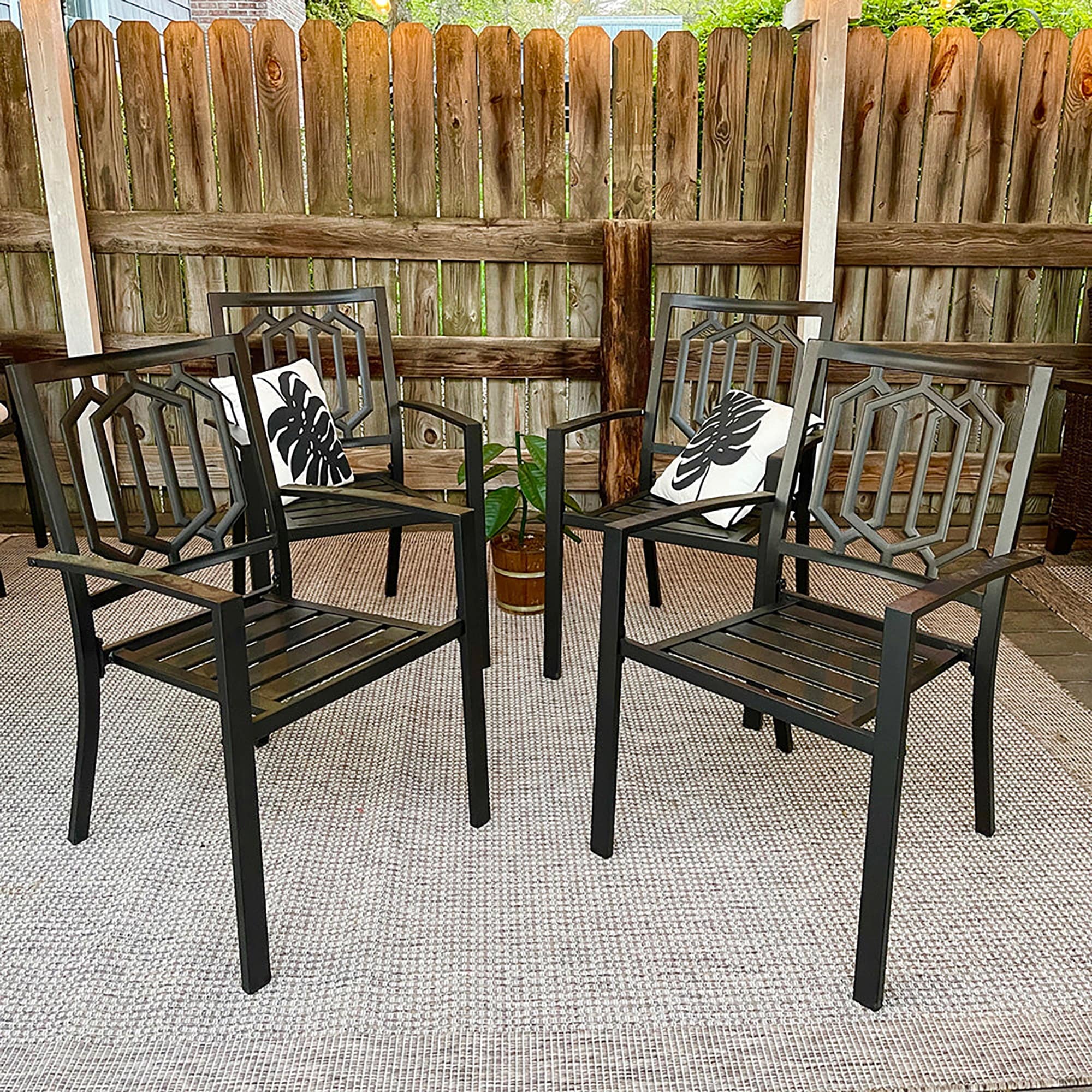 Phi Villa 4 Piece Black Metal Outdoor Furniture Patio Steel Frame Slat Seat Dining Arm Chairs With Angle Back