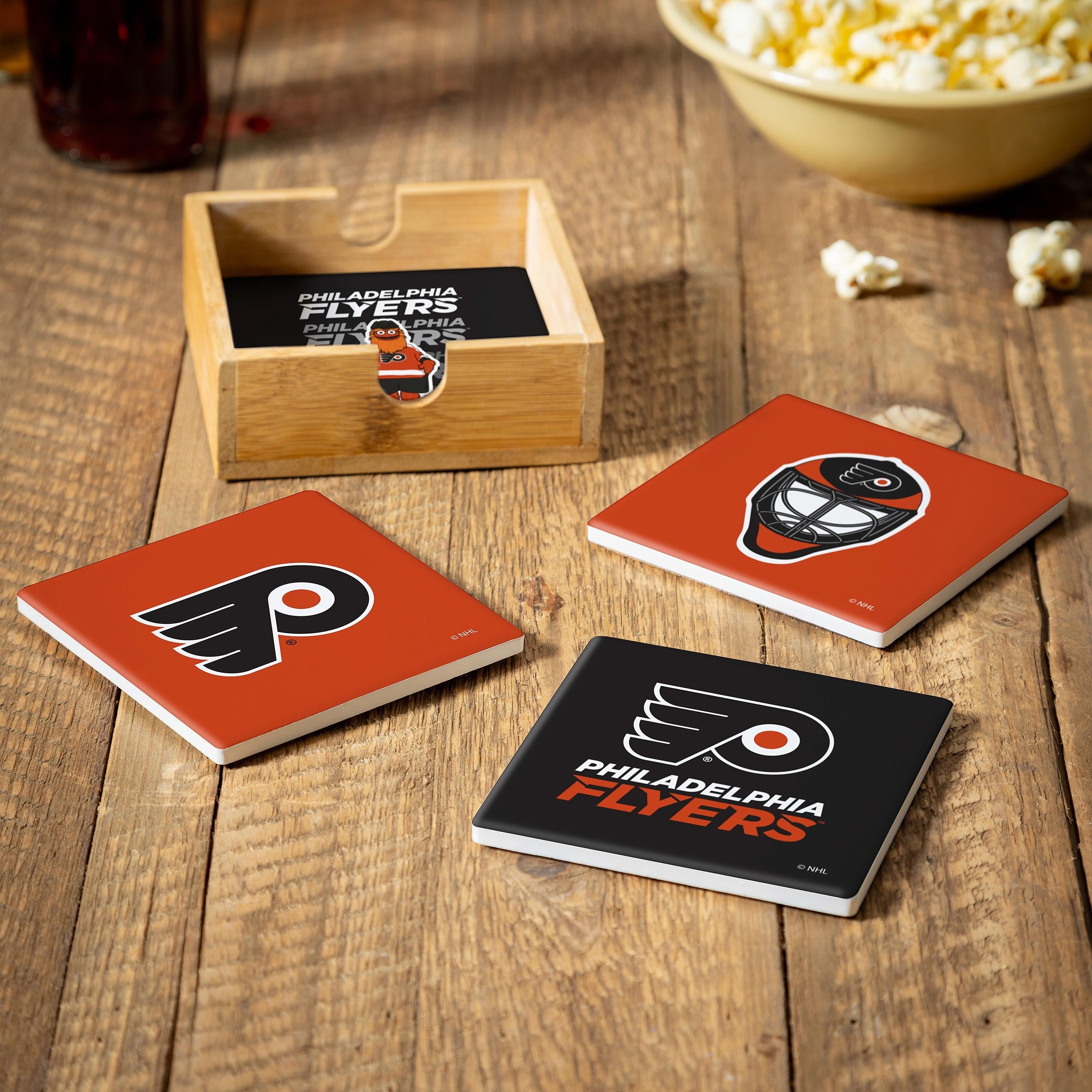 Philadelphia Flyers 4 Piece Ceramic Coasters Set With Wood Caddy