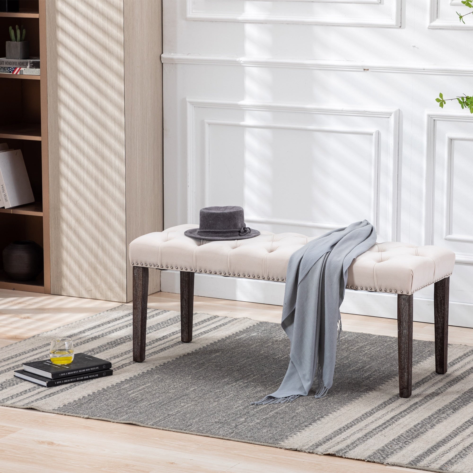 Piano Bench Beige Ottoman Leisure Bench With Wood Legs Simple Window Bench Accent Bench Corridor Bench