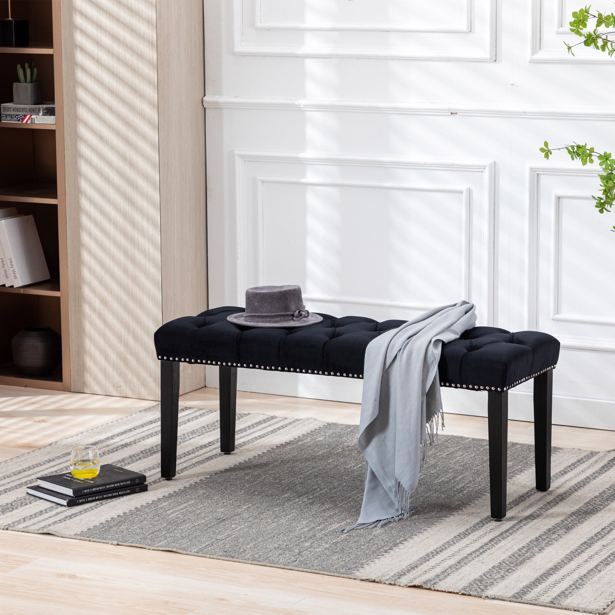 Piano Bench Ottoman Leisure Bench With Wood Legs Simple Window Bench Black Accent Bench Corridor Bench
