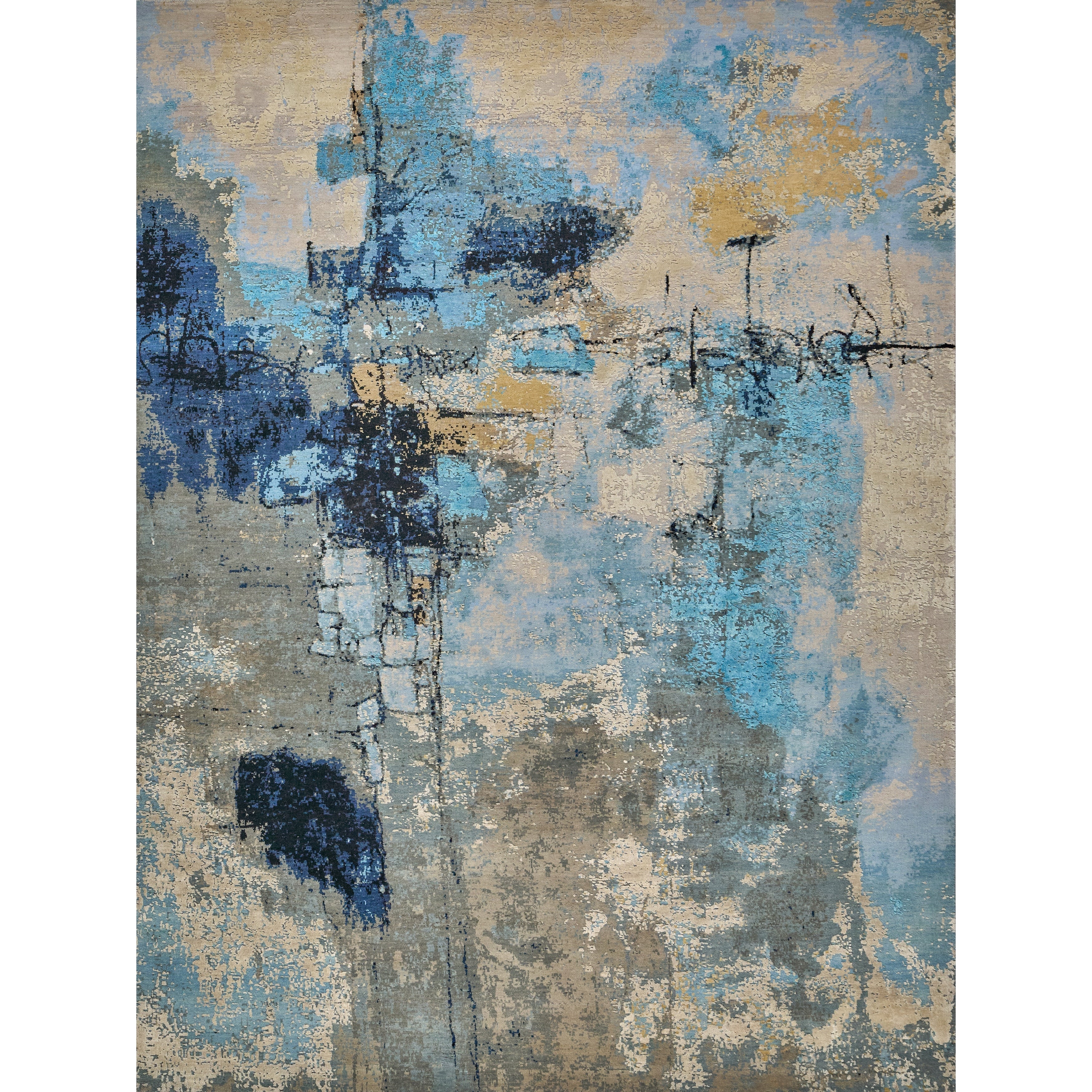Picasso Hand Knotted Wool Silk Blue Silver Black Area Rug