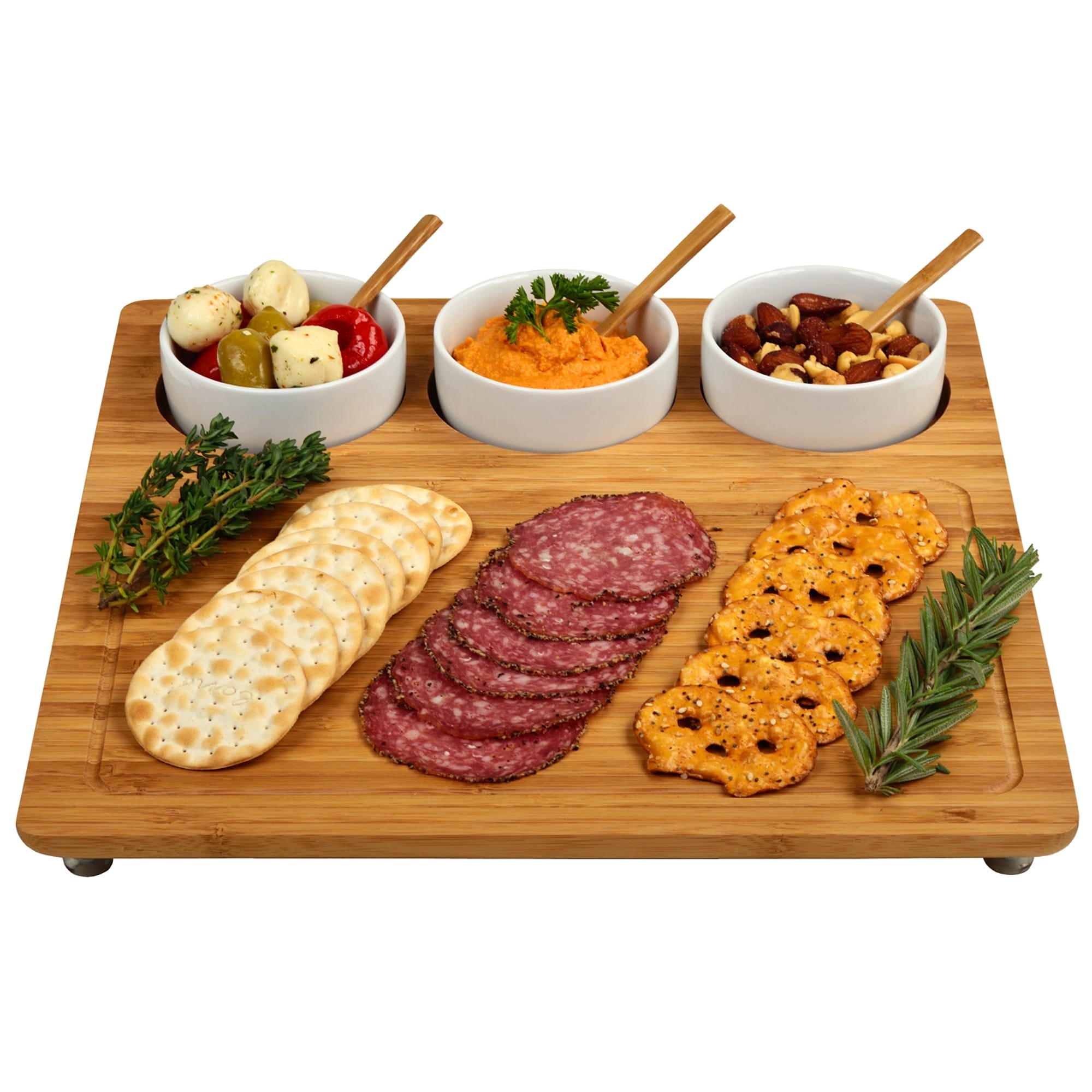 Picnic At Ascot Bamboo Serving Platter With 3 Ceramic Bowls