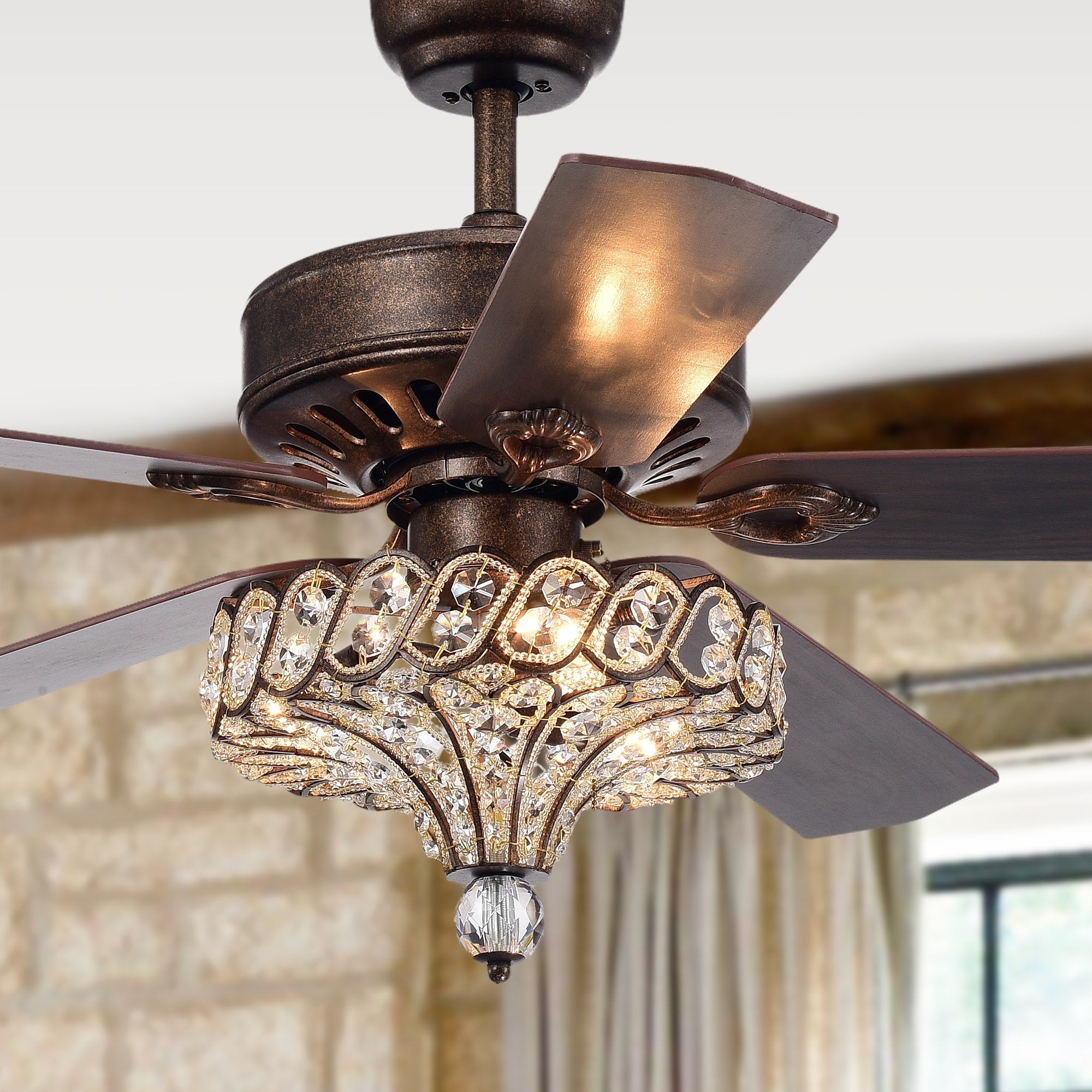 Pilette 52 Inch 5 Blade Antique Speckled Bronze Lighted Ceiling Fans With Crystal Shade Remote Controlled