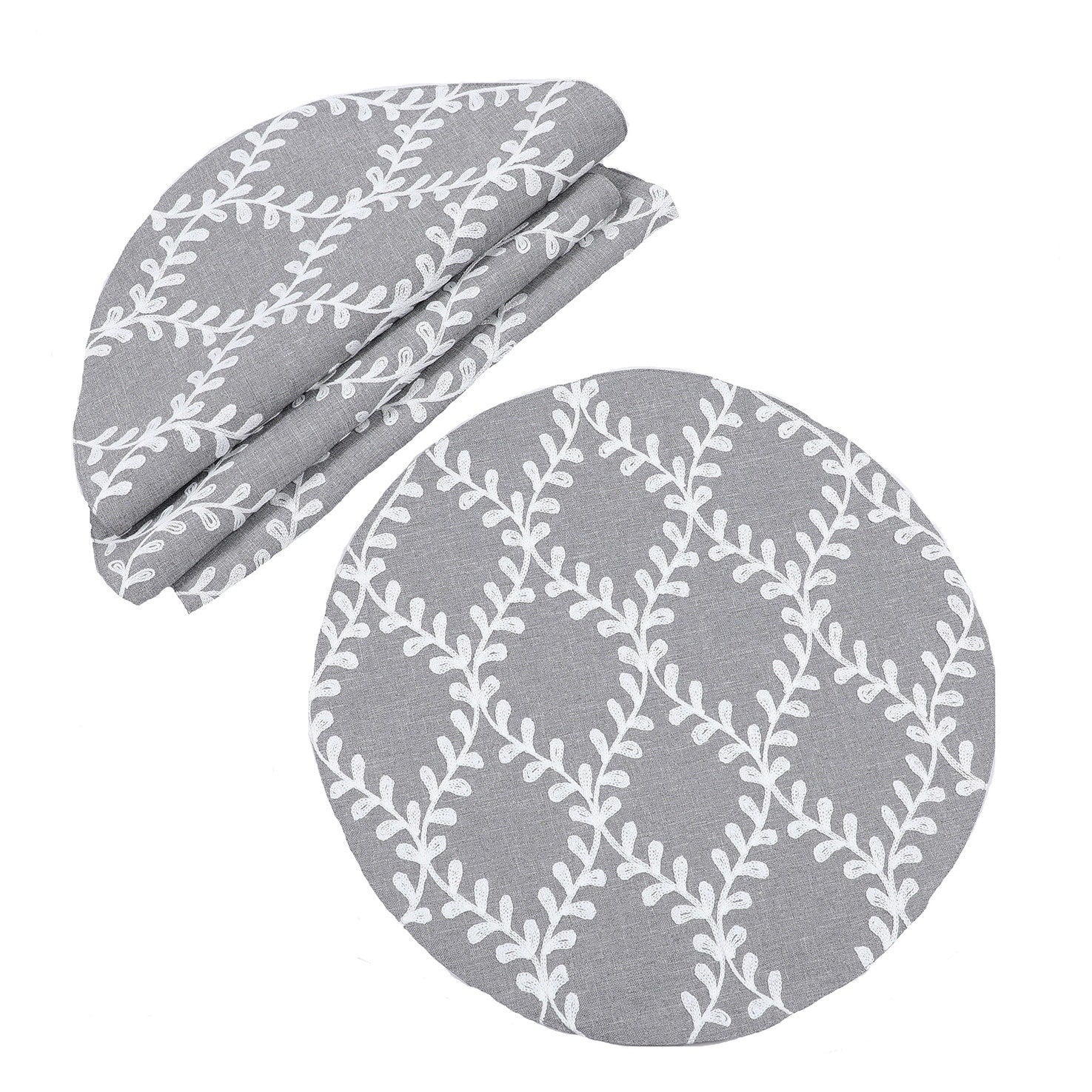 Piluki Leaf Crewel Embroidered Placemats 16 Inch Round Set Of 4