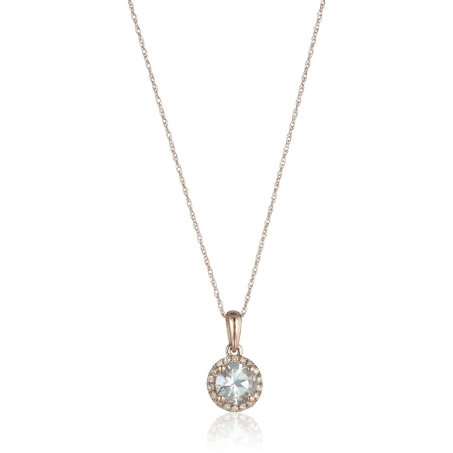 10K Rose Gold Aquamarine And Diamond Classic Princess Di Halo Pendant Necklace 18