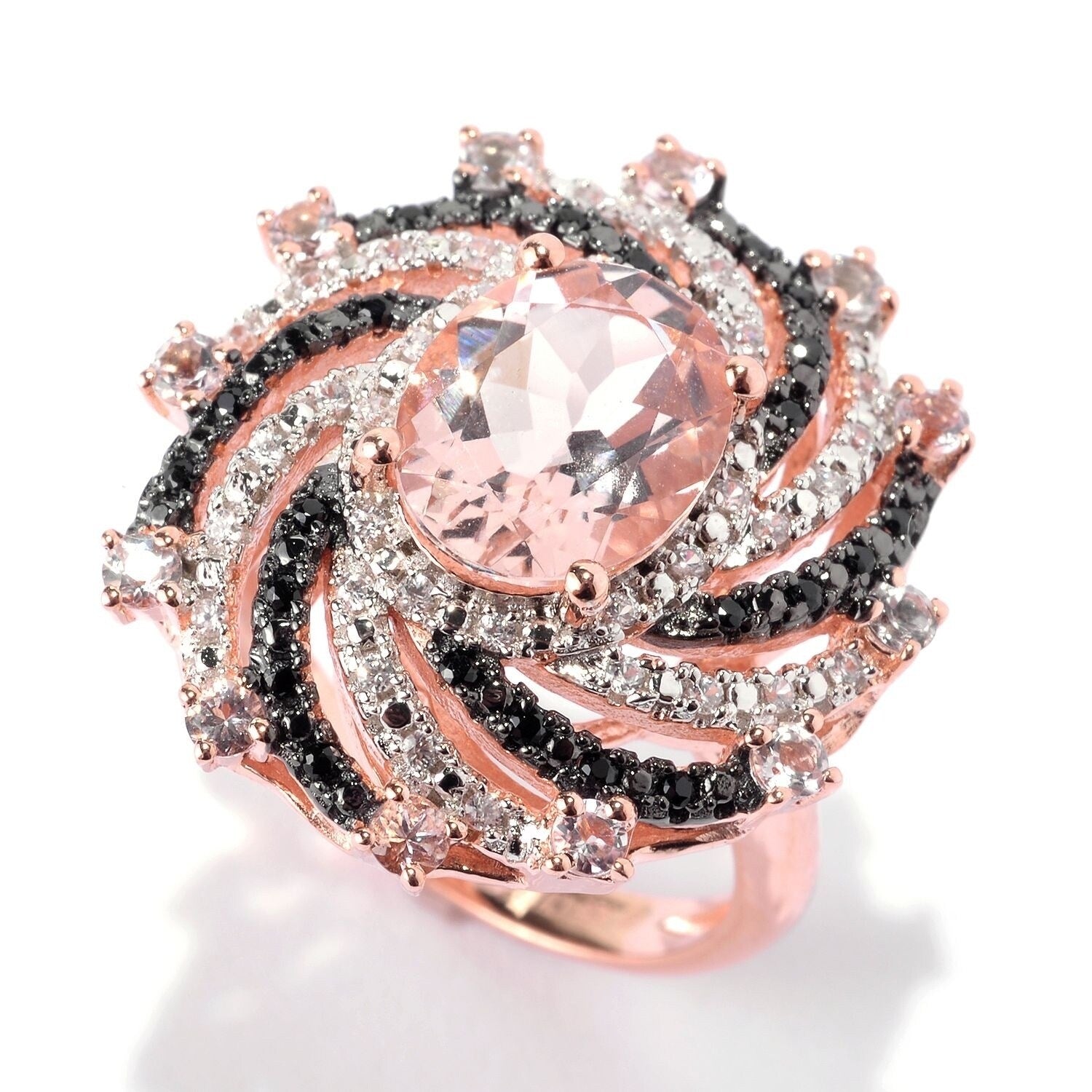 Pinctore 18K Rose Vermeil 2.9Ctw Morganite Black Spinel White Zircon Swirl Ring