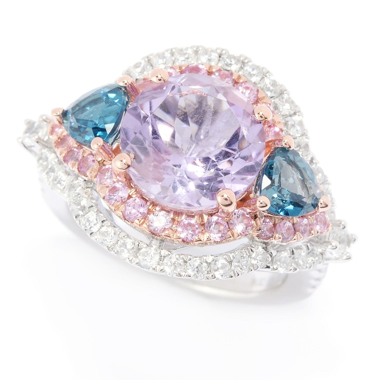 Pinctore 925 Sterling Silver London Blue Topaz Pink Amethyst Pink Sapphire White Natural Zircon Ring