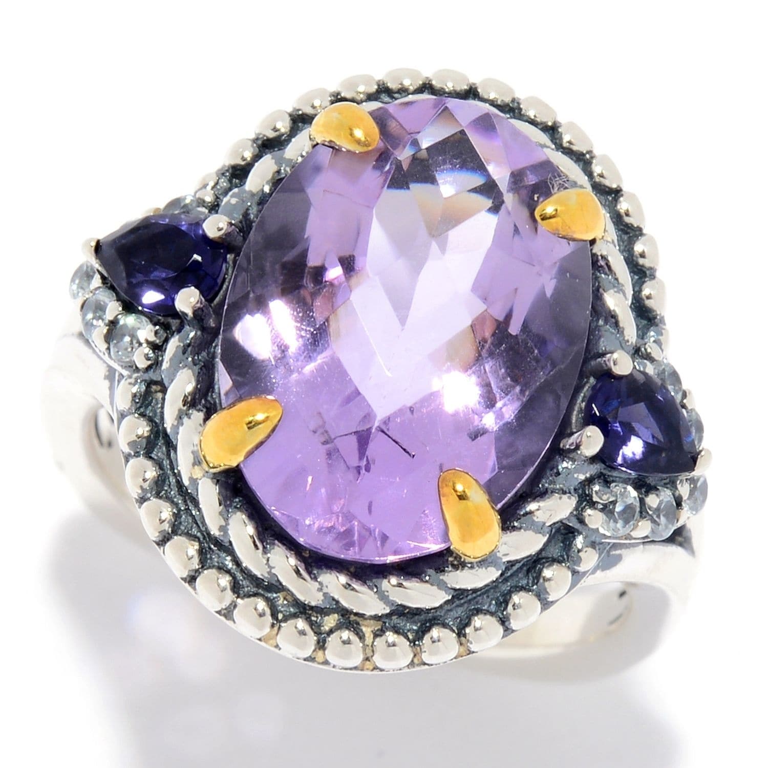 Pinctore 925 Sterling Silver Pink Amethyst White Natural Zircon Ring