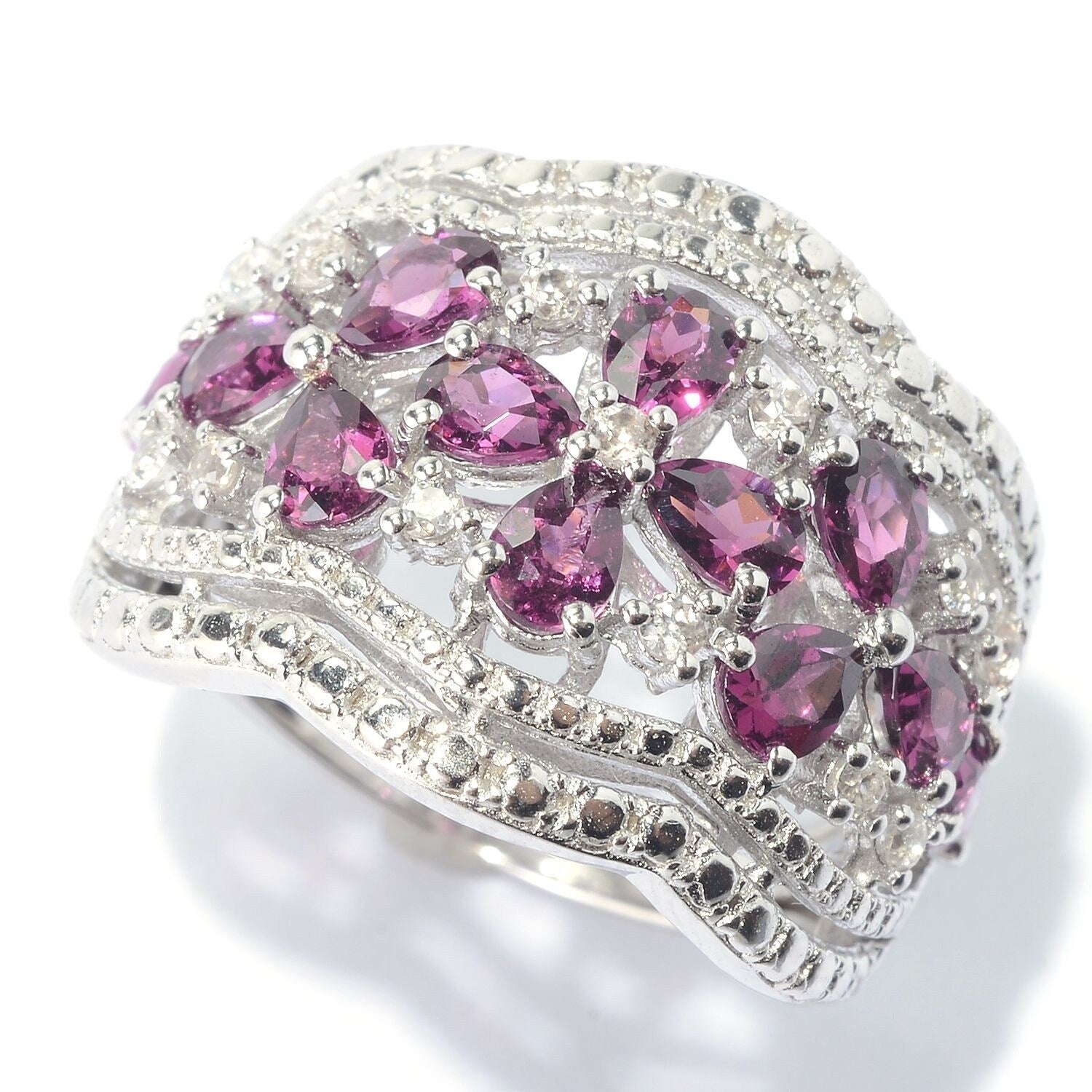 Rhodolite White Zircon Floral Scalloped Wide Band Ring