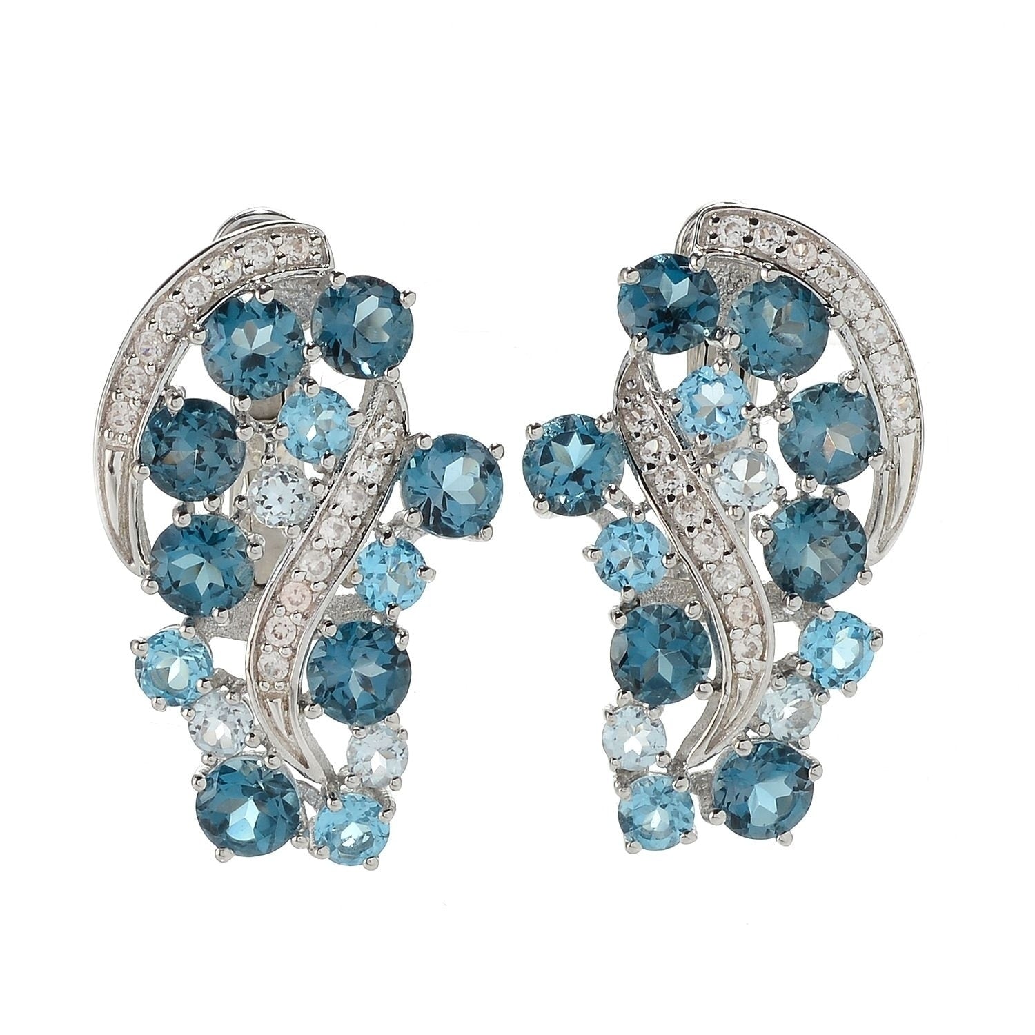 Pinctore Sterling Silver 1 London Blue Topaz White Zircon Wave Earrings