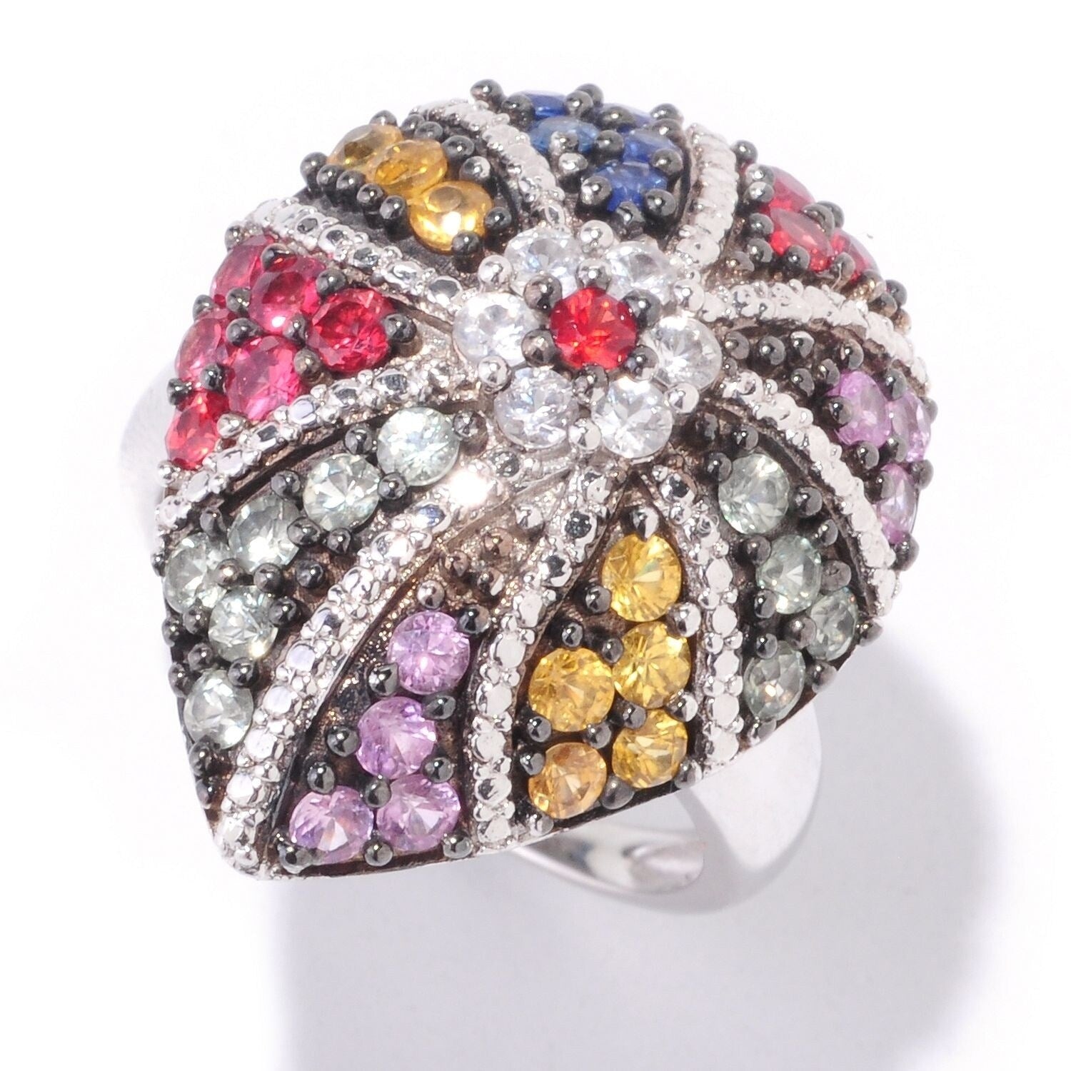 Pinctore Sterling Silver 1.91Ctw Multi Sapphire Cluster Ring
