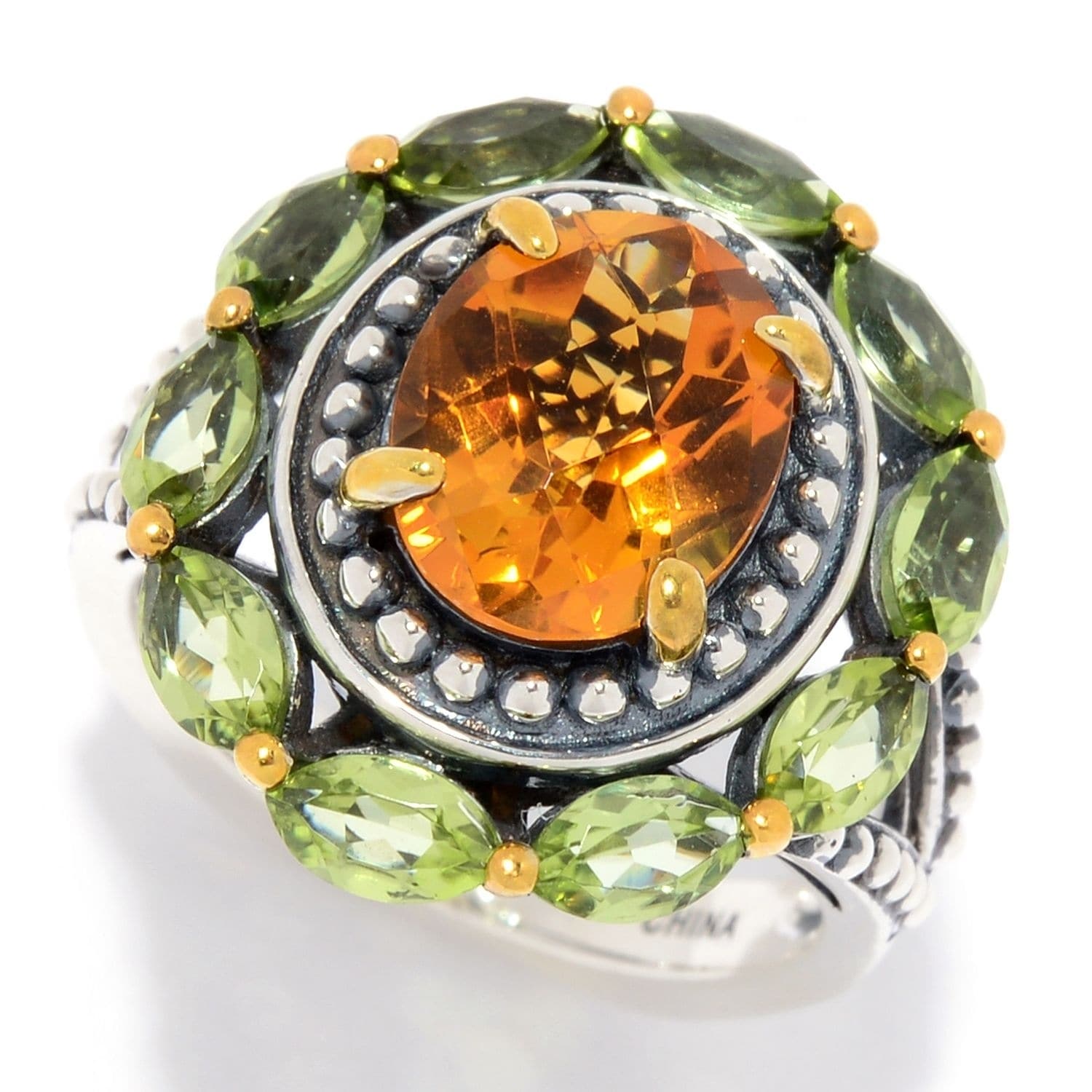 Pinctore Sterling Silver 10 X 8Mm Oval Citrine Peridot Halo Ring
