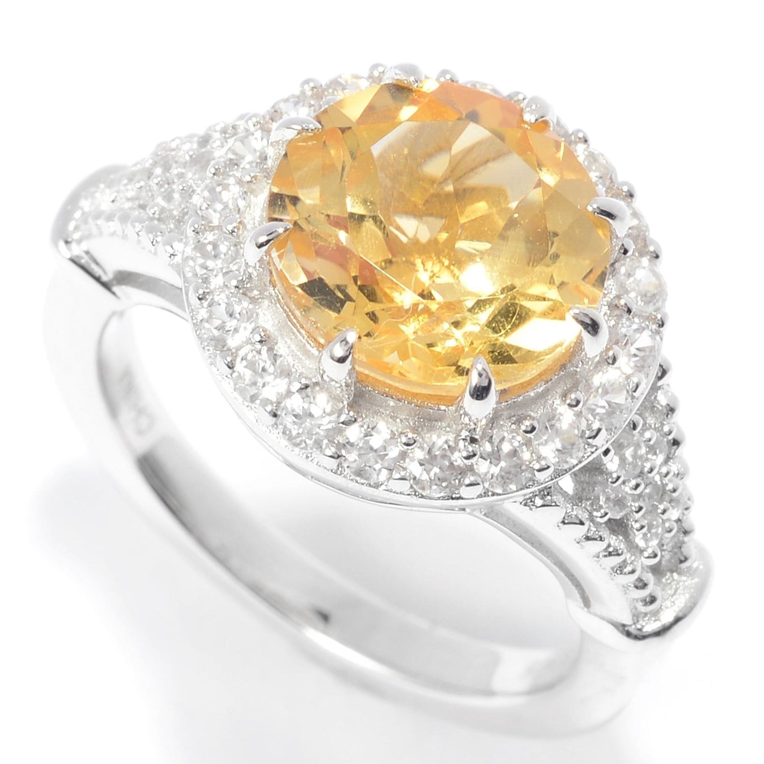 Pinctore Sterling Silver 10Mm Round Citrine White Zircon Halo Ring