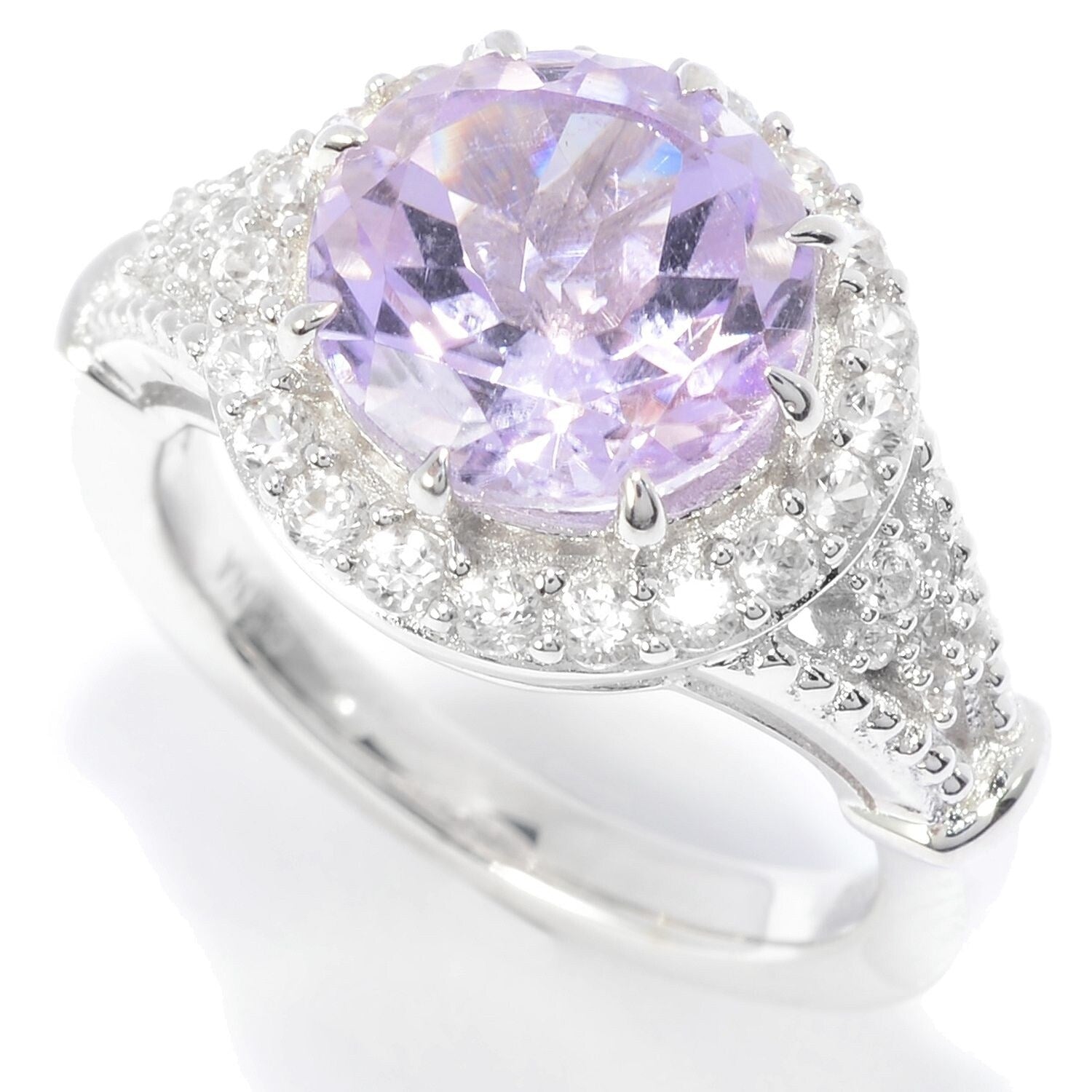 Pinctore Sterling Silver 10Mm Round Pink Amethyst White Zircon Halo Ring
