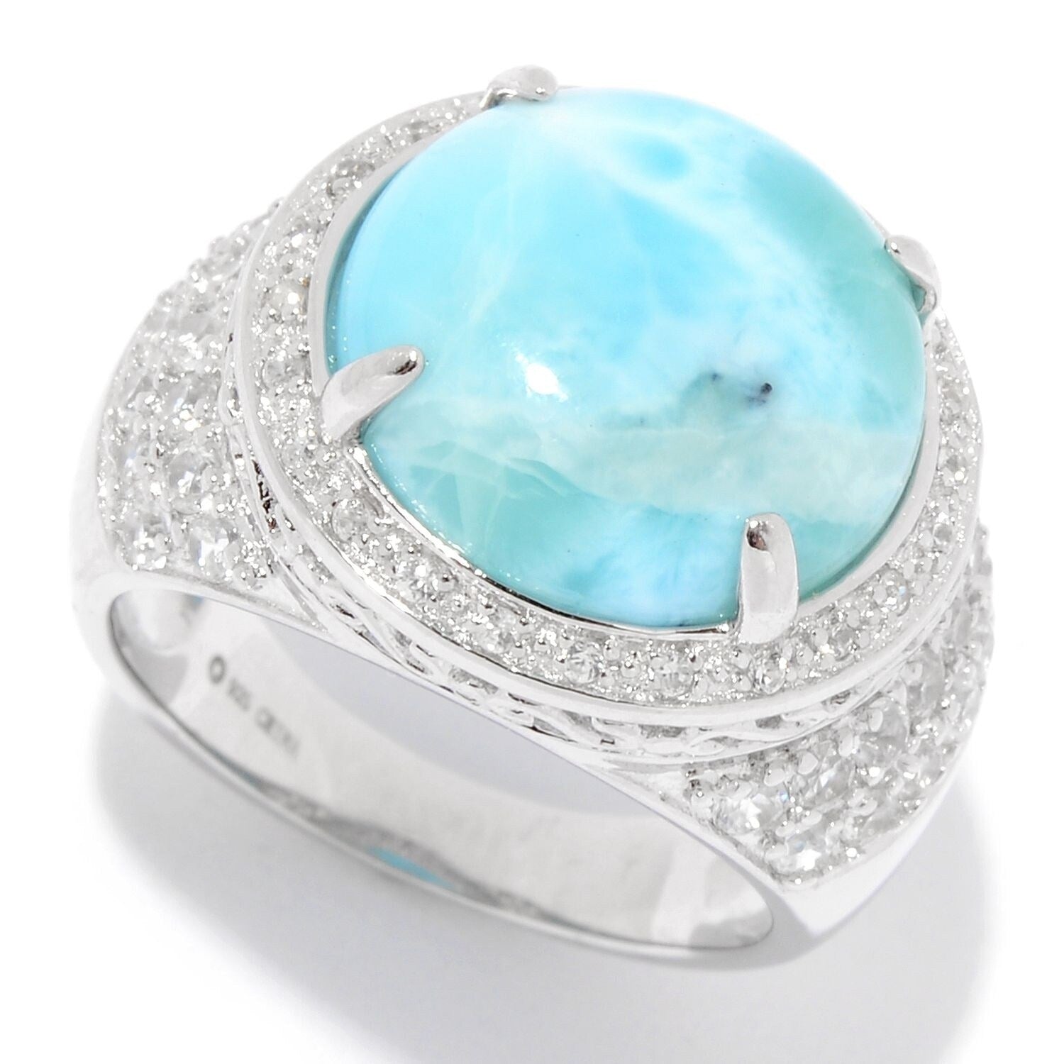 Pinctore Sterling Silver 13.5Mm Larimar White Topaz Halo Ring