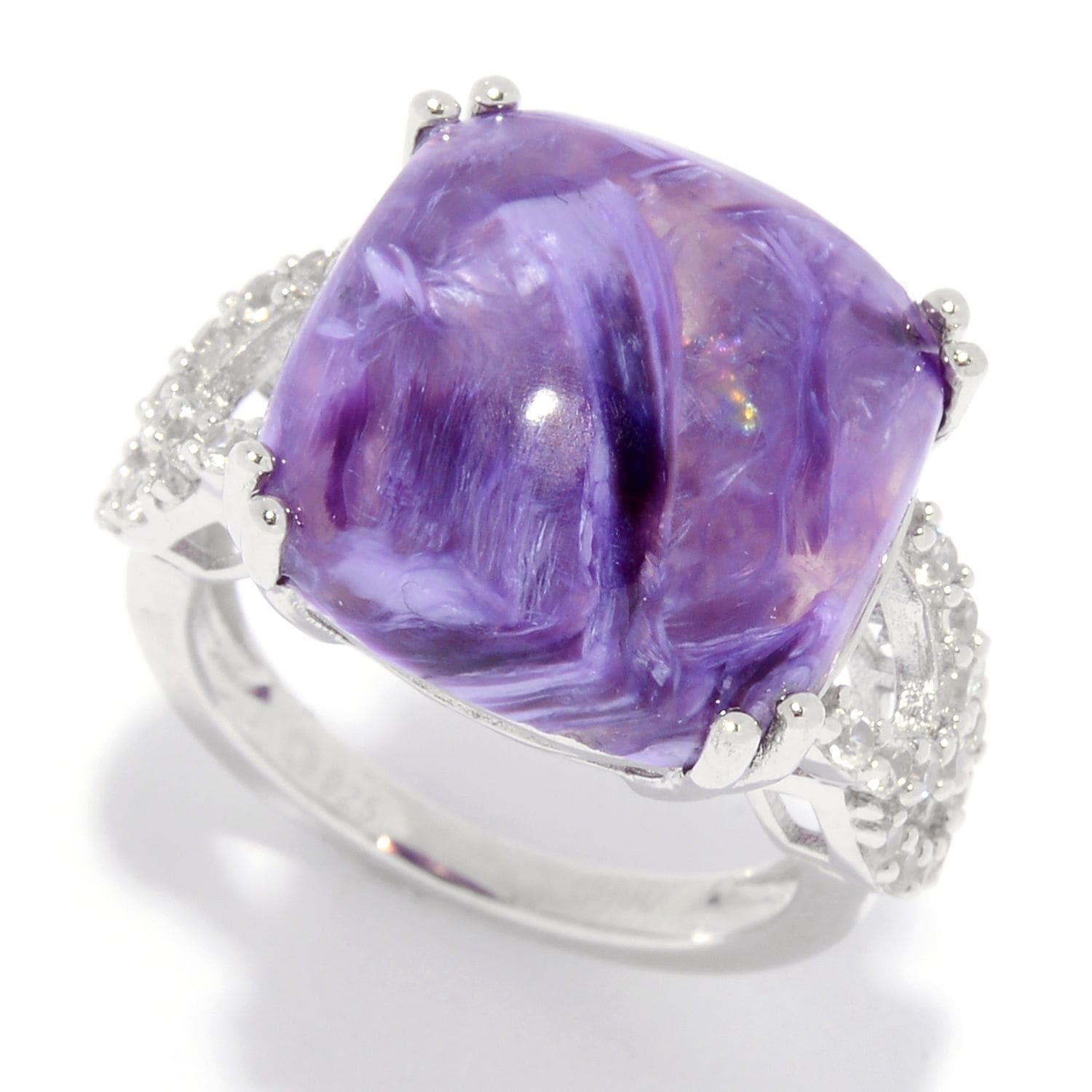 Pinctore Sterling Silver 15Mm Cushion Shaped Charoite White Zircon Ring