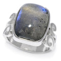 Pinctore Sterling Silver 16 X 12Mm Cushion Shaped Labradorite Scrollwork Ring