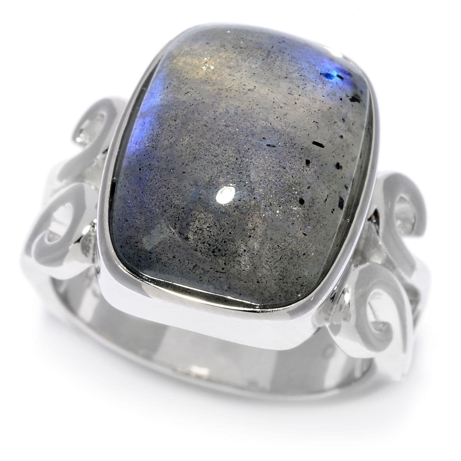 Pinctore Sterling Silver 16 X 12Mm Cushion Shaped Labradorite Scrollwork Ring