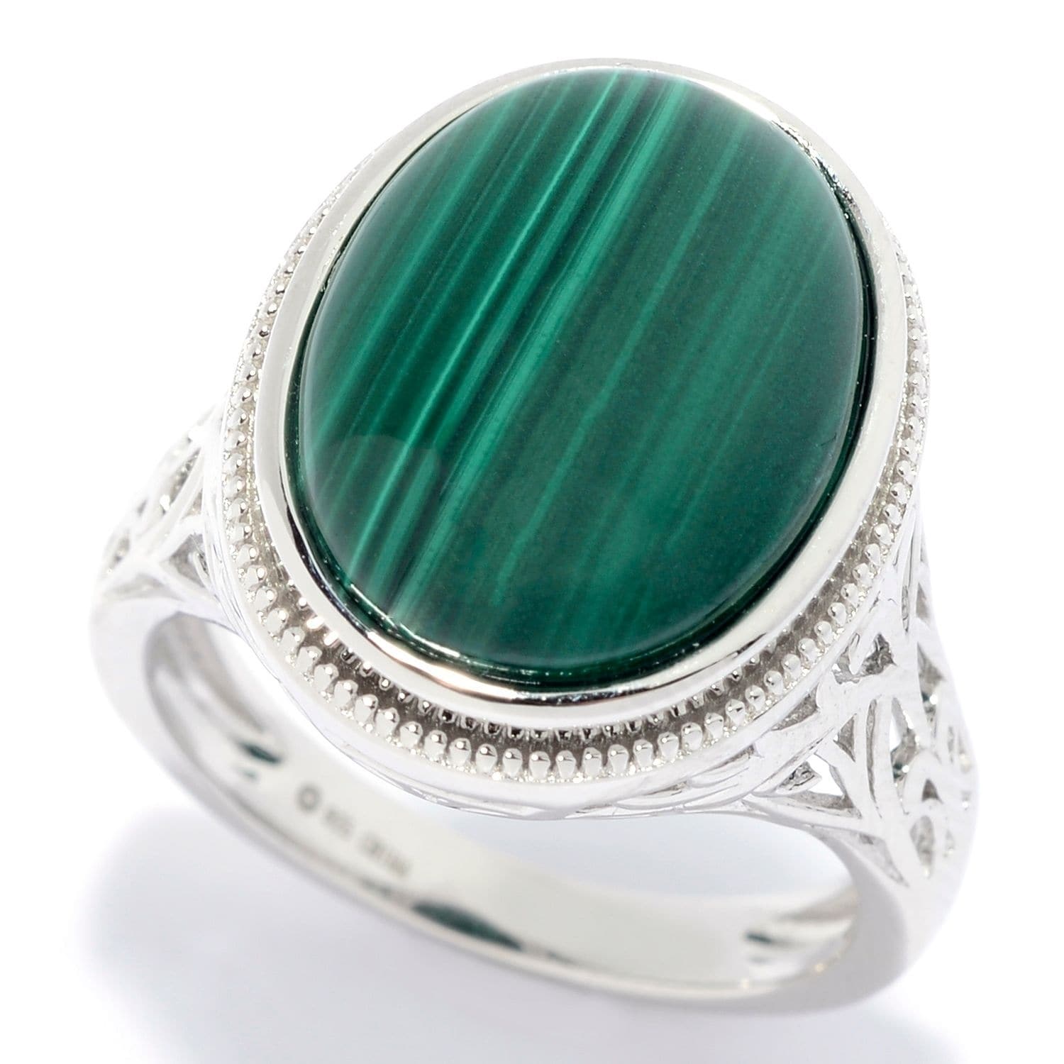 Pinctore Sterling Silver 16 X 12Mm Oval Malachite Scrollwork Ring