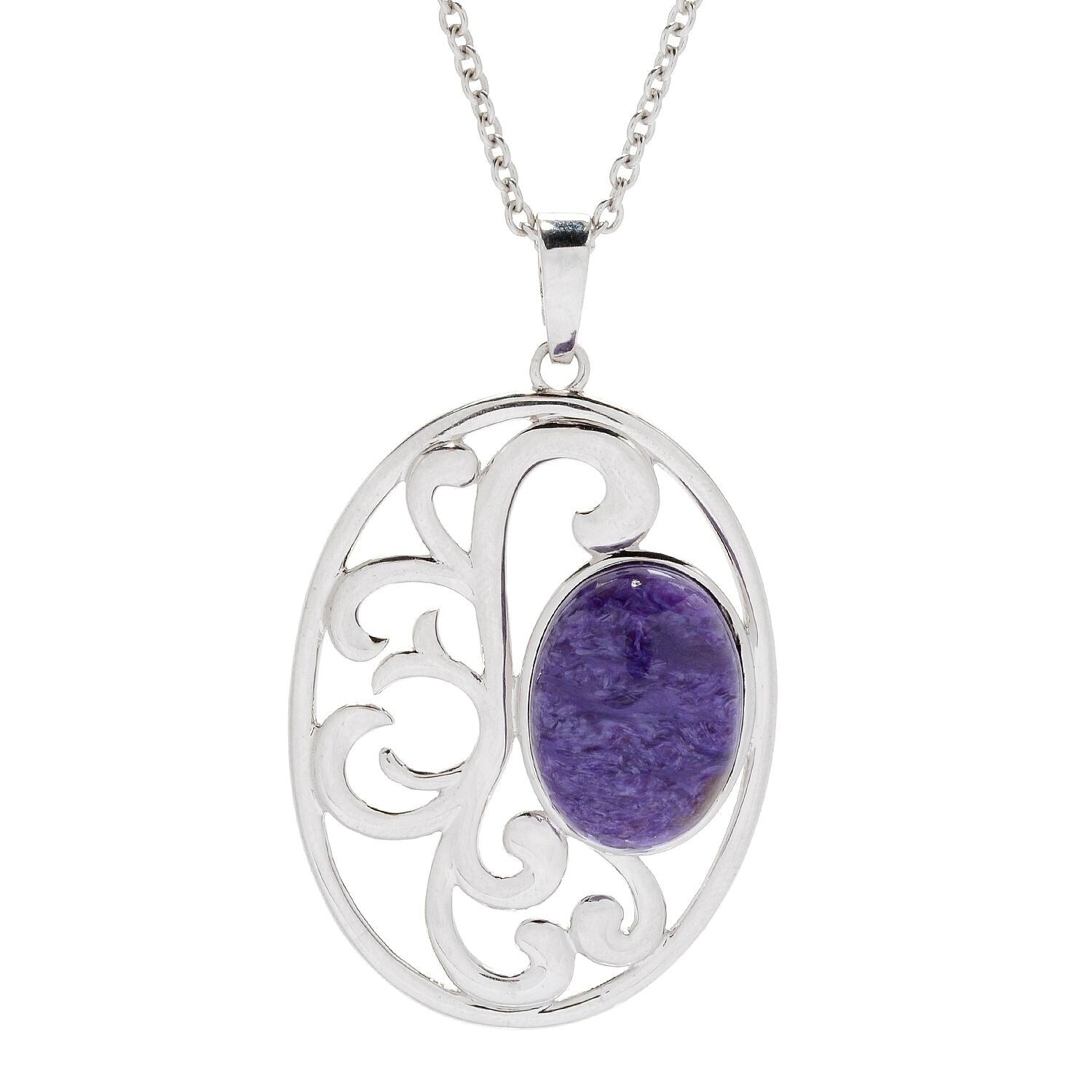 Pinctore Sterling Silver 18 X 13Mm Charoite Oval Openwork Enhancer Pendant W 30 Chain