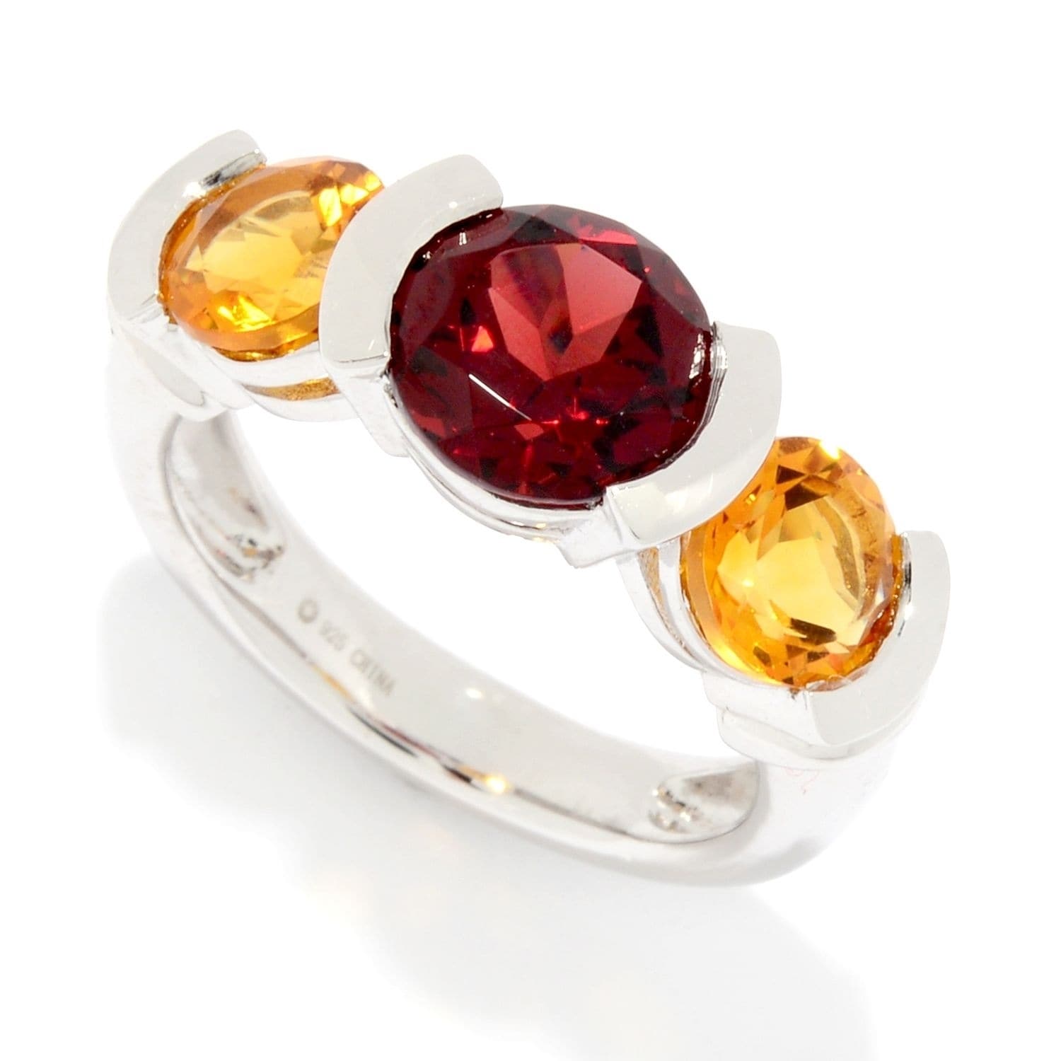 Pinctore Sterling Silver 3.50Ctw Garnet Citrine 3 Stone Band Ring