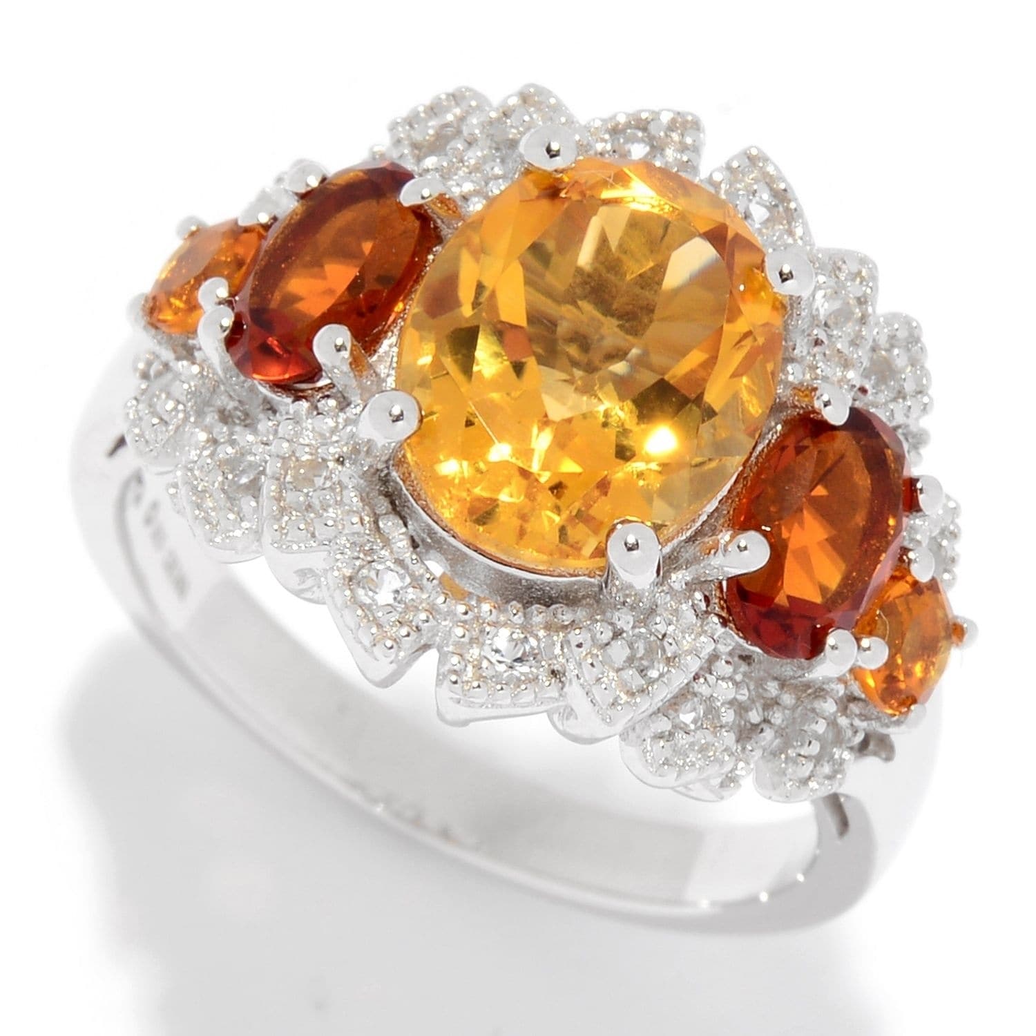 Pinctore Sterling Silver Citrine White Topaz Fancy Halo Ring