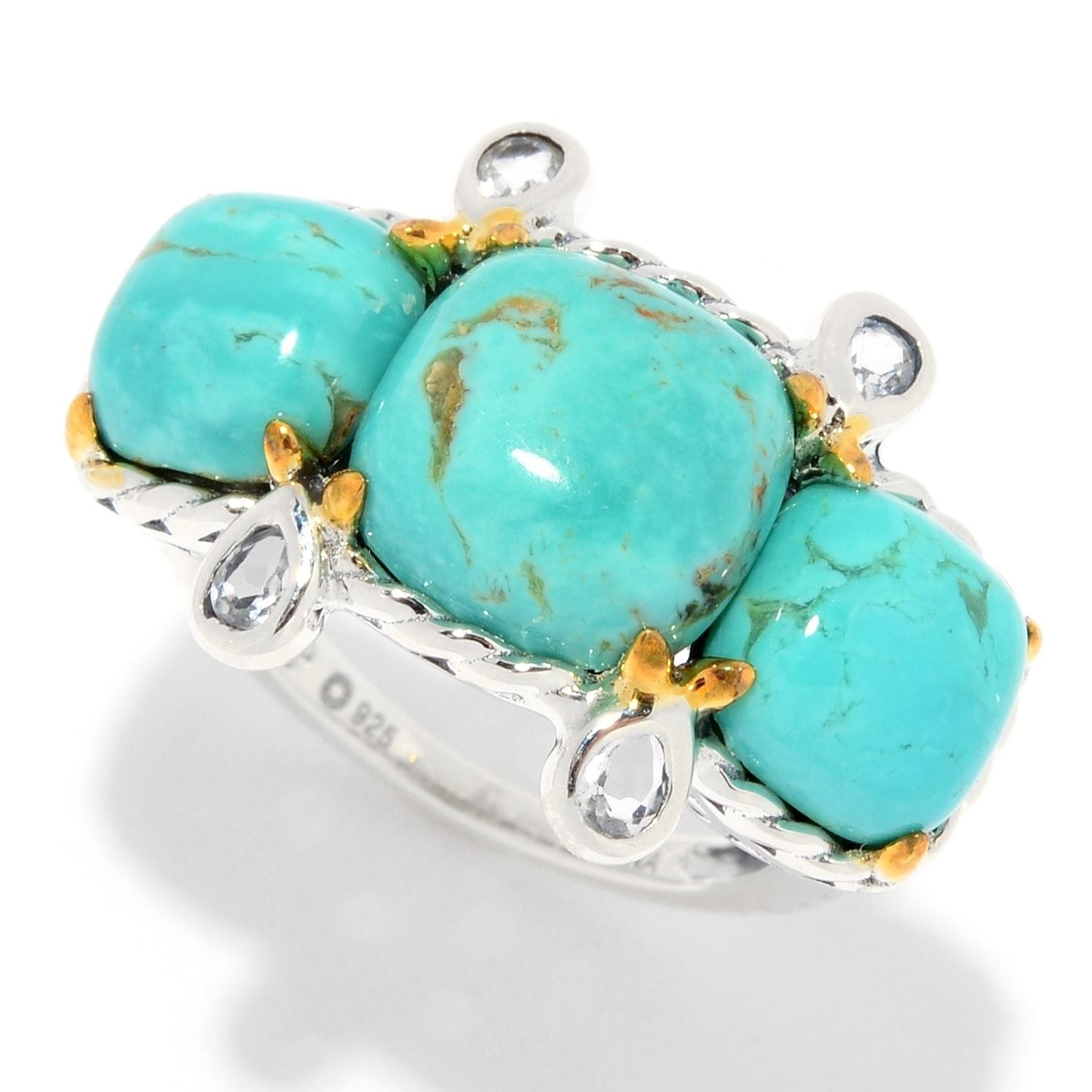 Pinctore Sterling Silver Cushion Shaped Tyrone Turquoise White Topaz Ring
