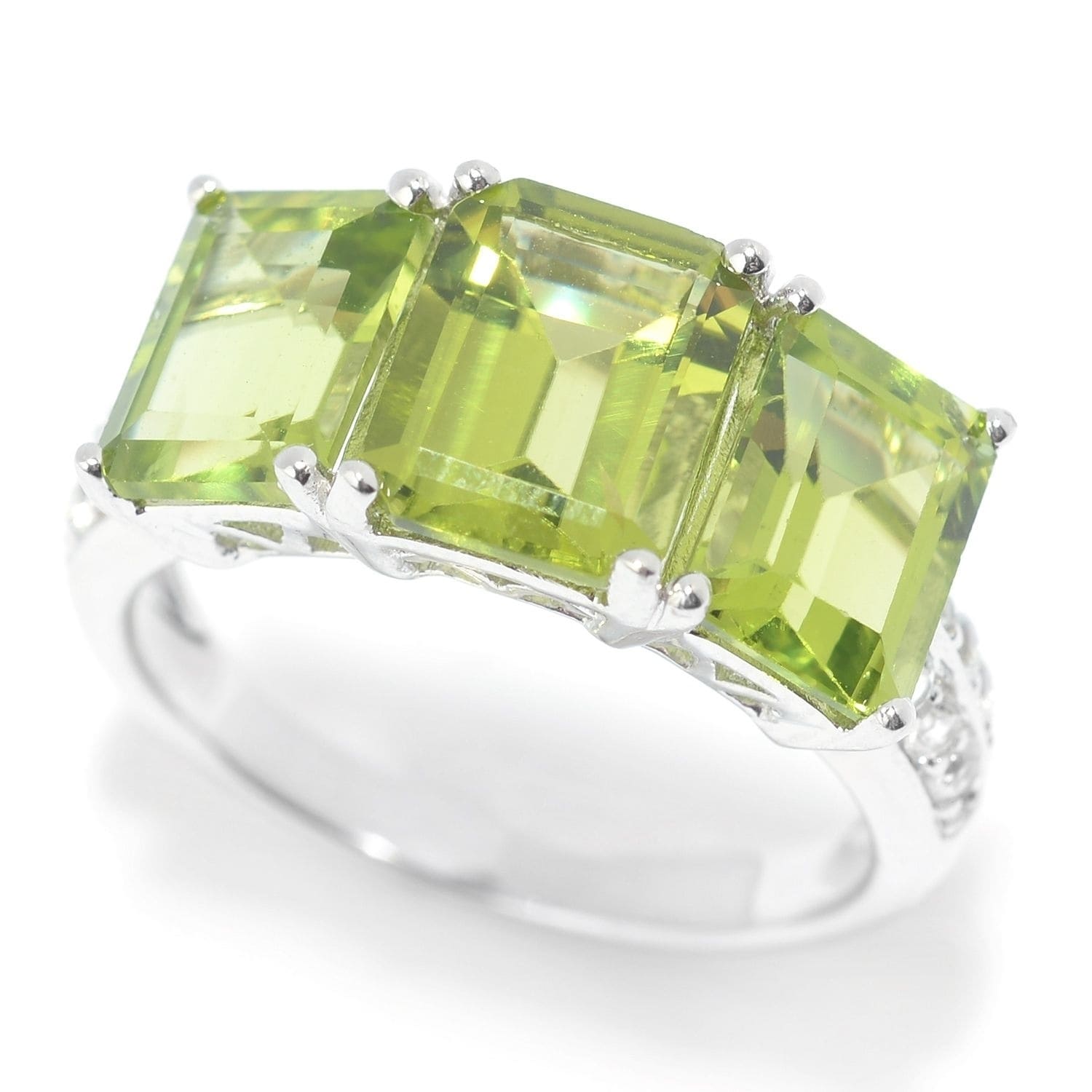 Pinctore Sterling Silver Emerald Cut Peridot White Topaz Ring