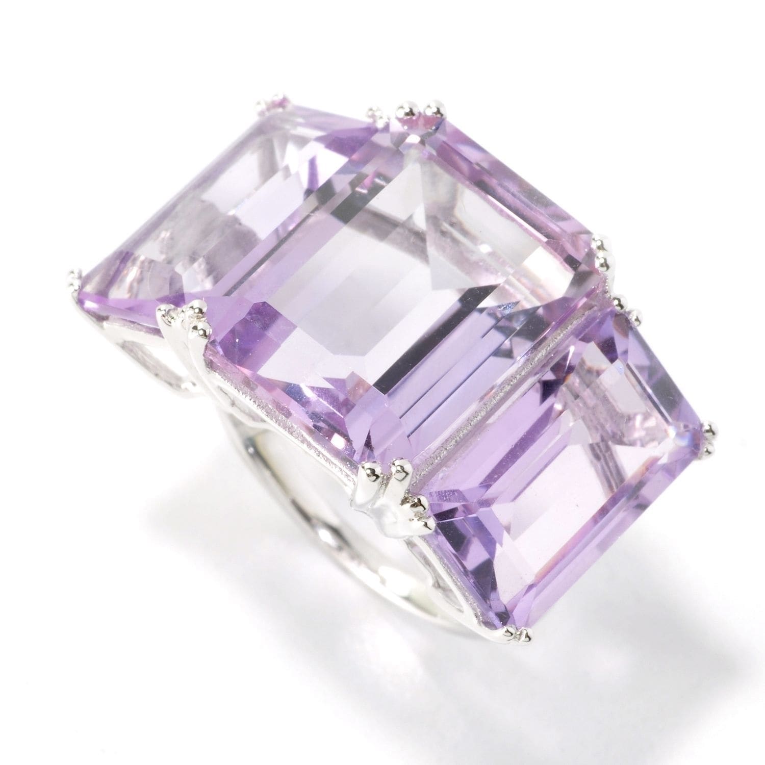 Pinctore Sterling Silver Emerald Cut Pink Amethyst Three Stone Ring