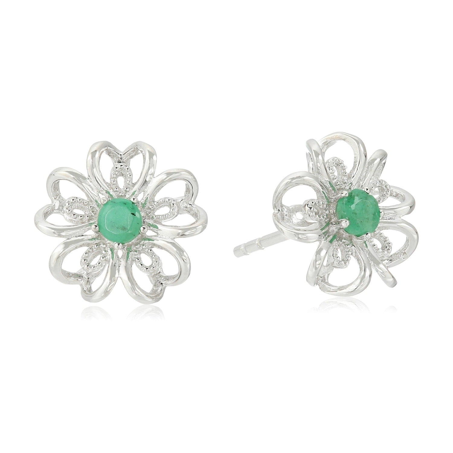 Pinctore Sterling Silver Emerald Flower Stud Earrings