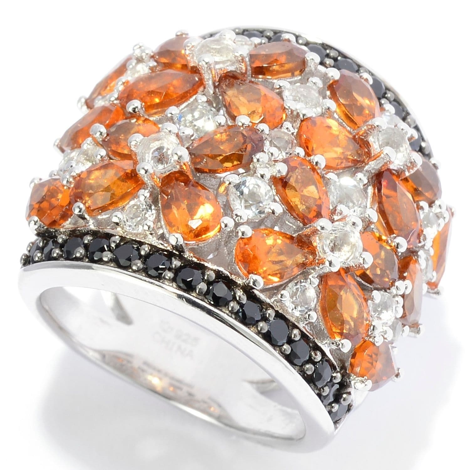 Pinctore Sterling Silver Exotic Hessanite White Topaz Black Spinel Ring
