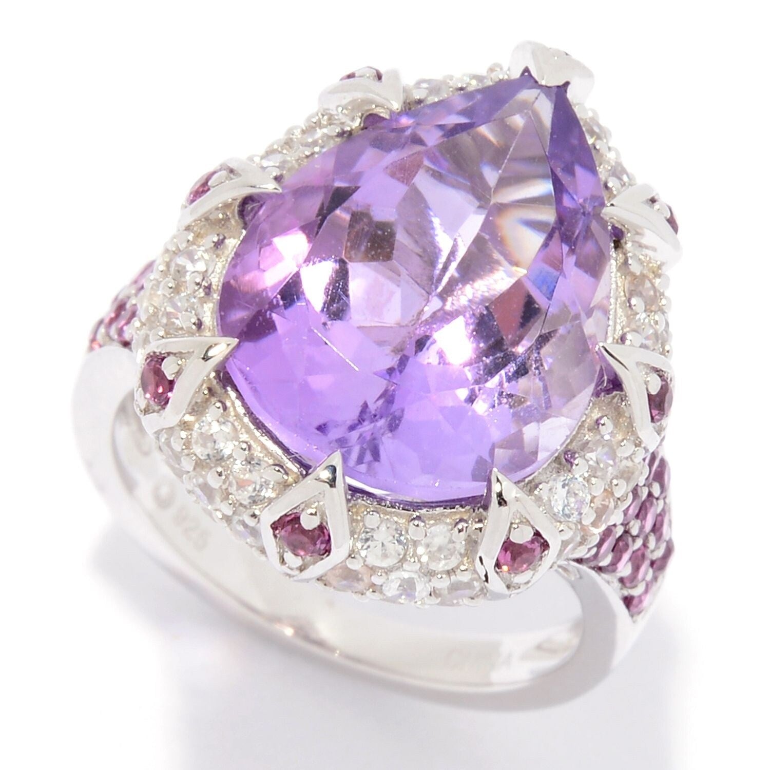 Pinctore Sterling Silver Pear Cut Pink Amethyst White Zircon Ring