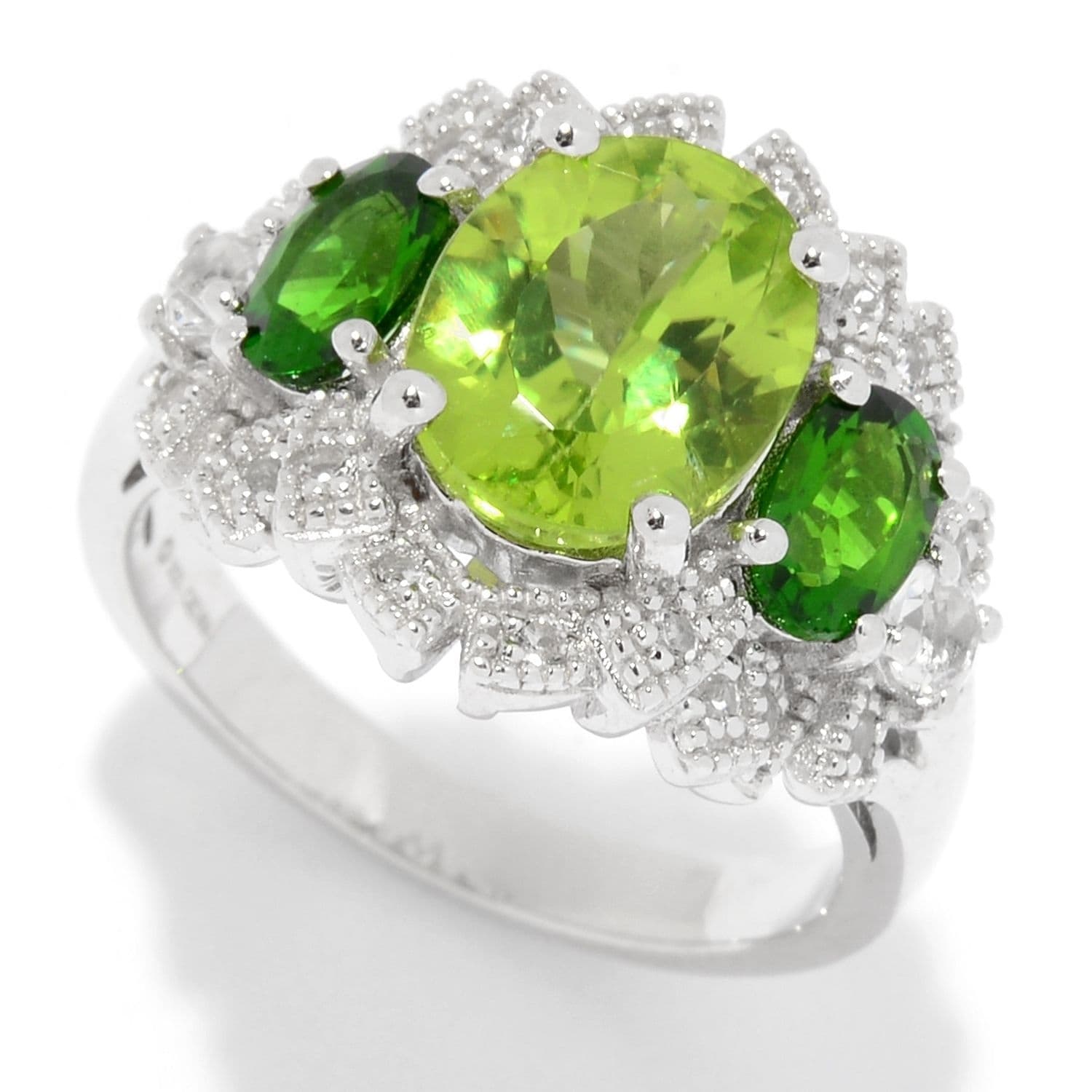 Pinctore Sterling Silver Peridot White Topaz Fancy Halo Ring