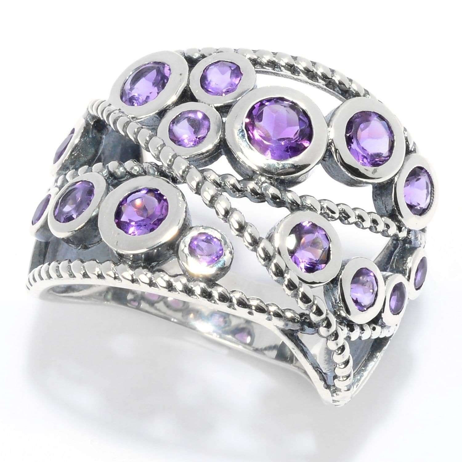Pinctore Sterling Silver Round Amethyst Beaded Wide Band Ring