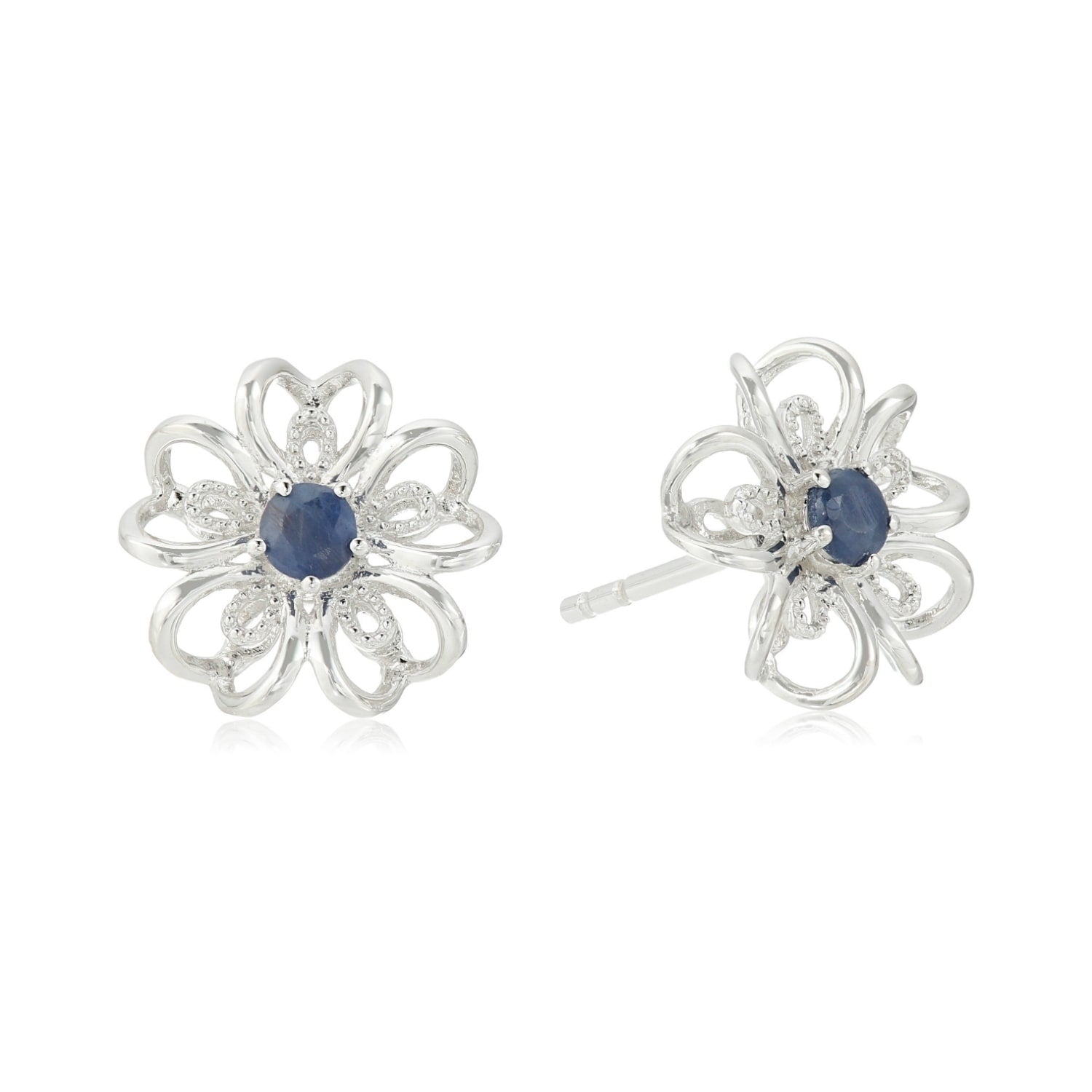 Pinctore Sterling Silver Sapphire Flower Stud Earrings