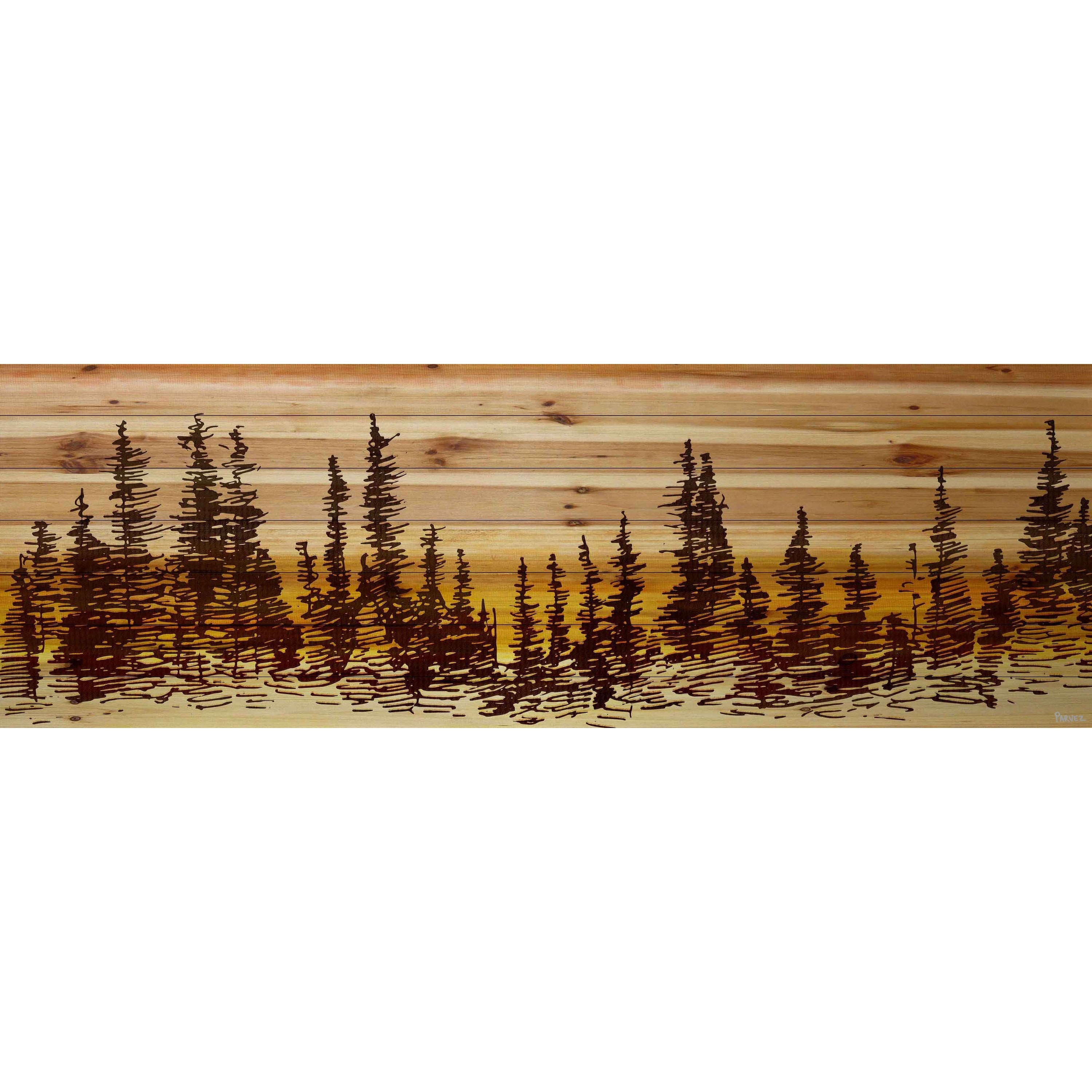 Pine Tree Sunset Painting Print On Natural Pine Wood Multi
