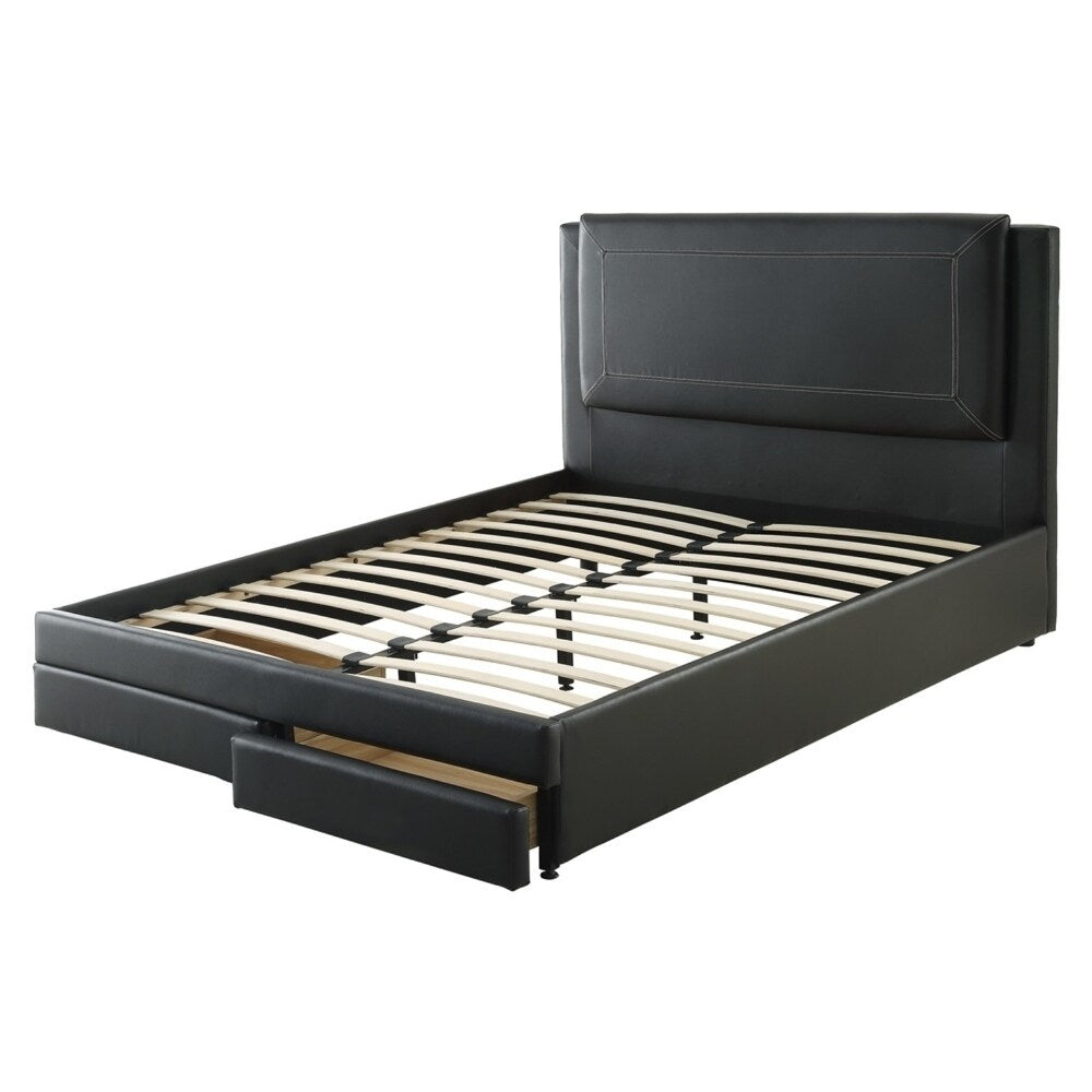 Pine Wood Bonded Leather Queen Size Bed In Black