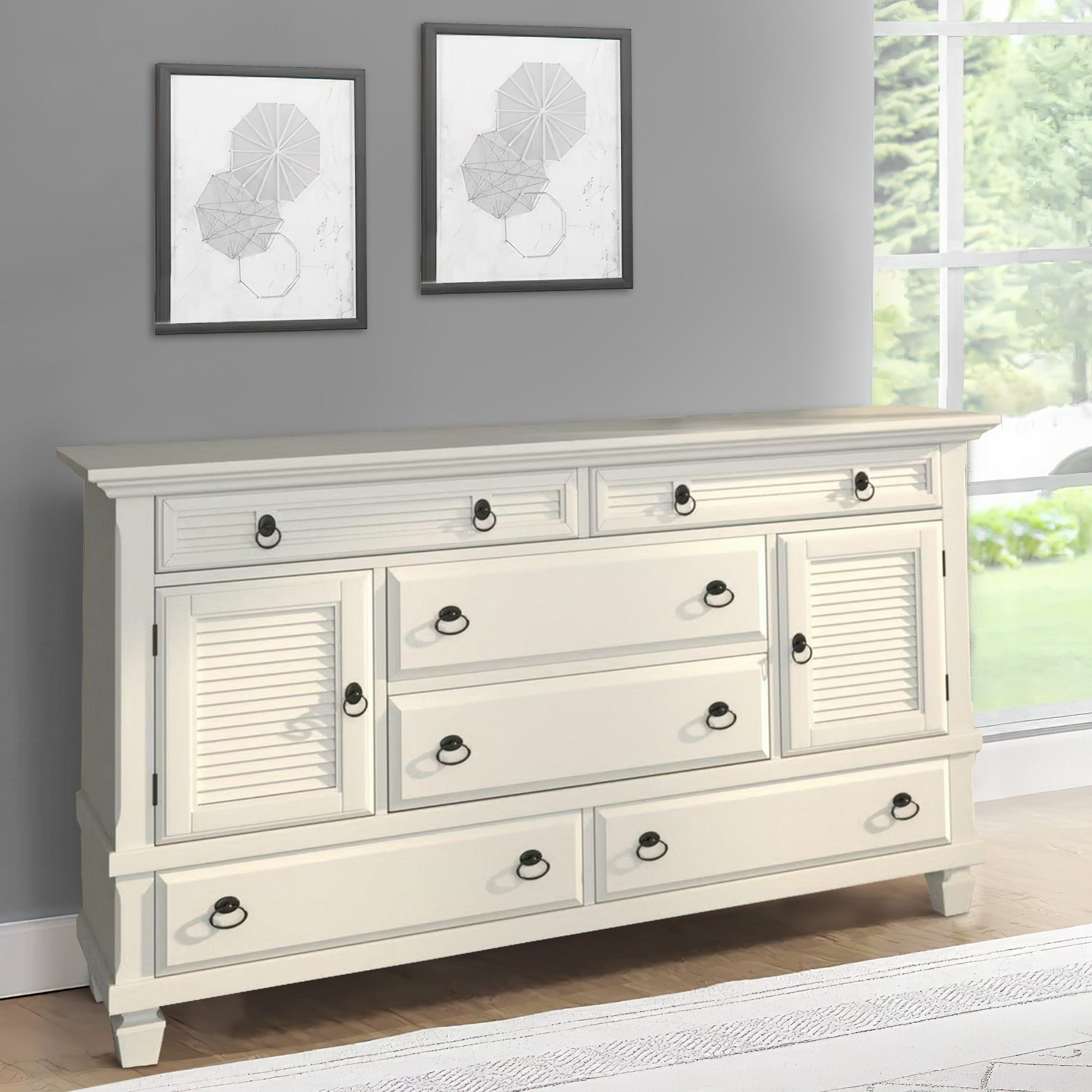 Pine Wood Dresser With 2 Cabinet 6 Drawer In White