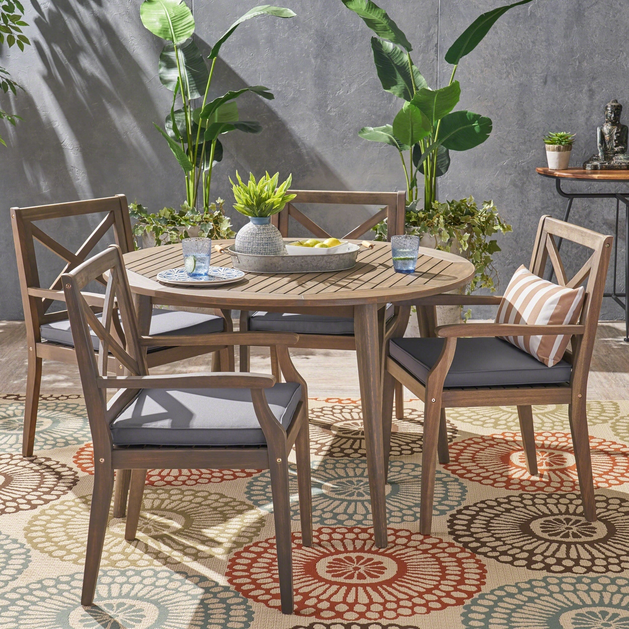 Pines Outdoor 5 Piece Acacia Wood Dining Set With Cushions By Christopher Knight Home