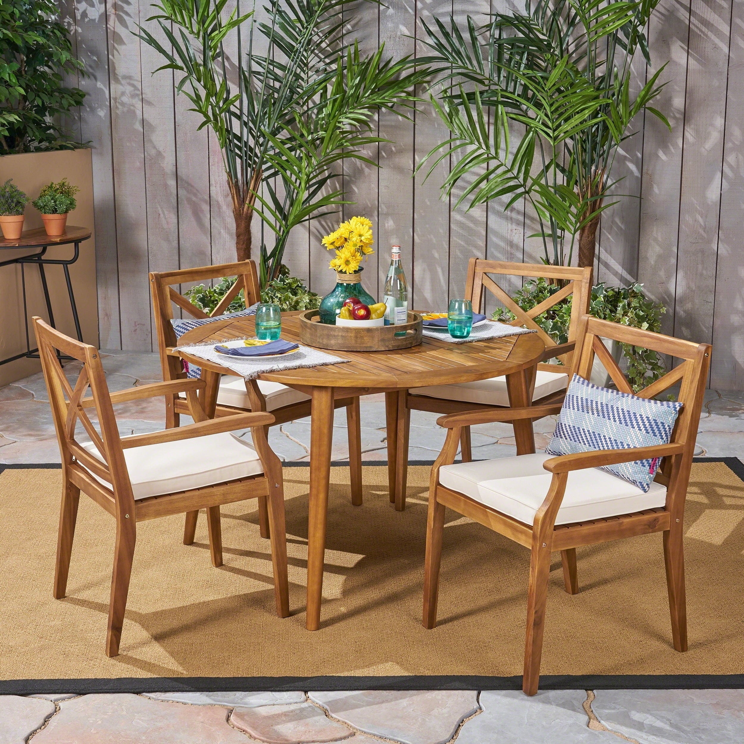 Pines Outdoor 5 Piece Acacia Wood Dining Set With Cushions By Christopher Knight Home